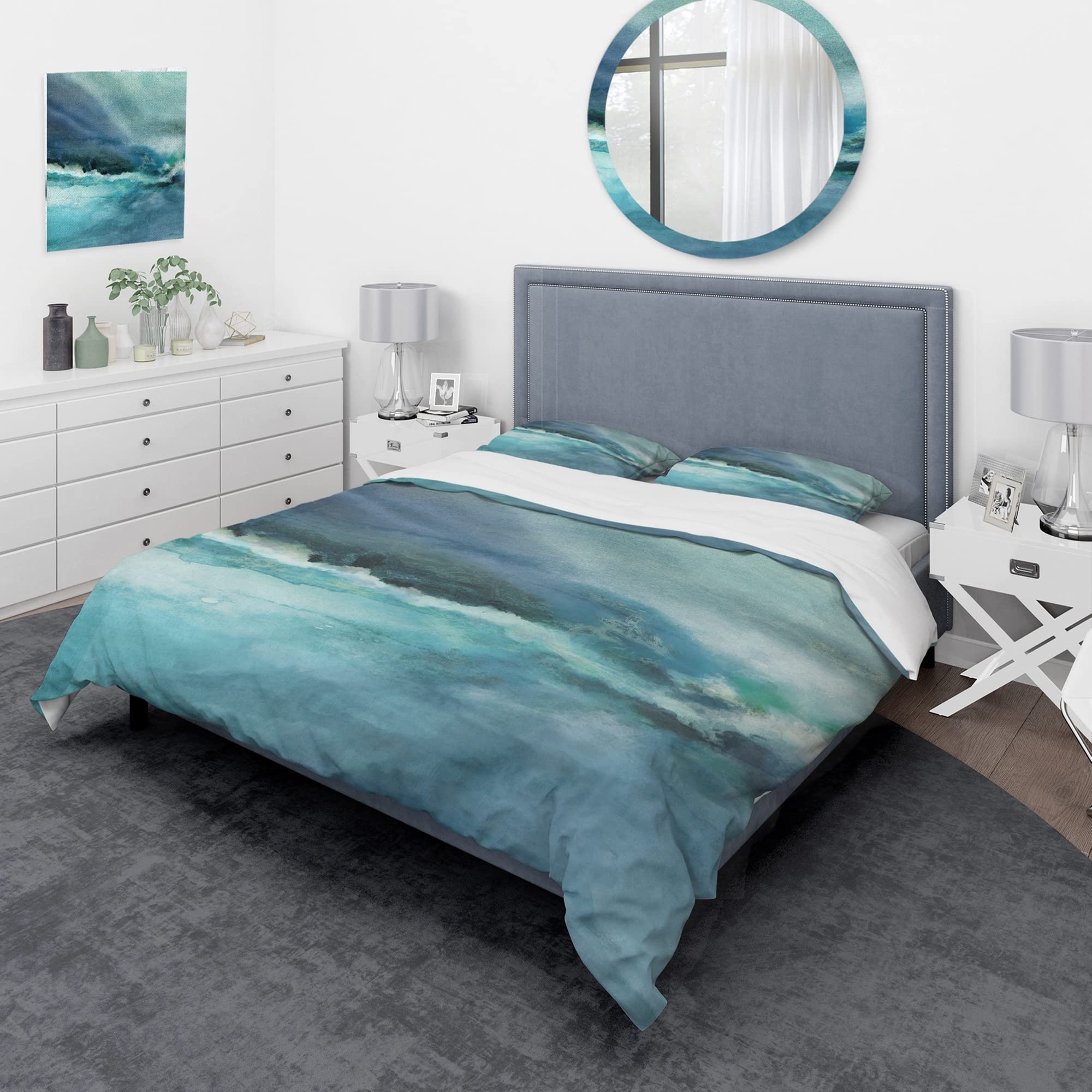 DESIGN ART Designart 'Indigo Abstract Watercolor Blue' Coastal King Duvet Cover Set - 3 Piece Bedding with 2 King Shams (Comforter Not Included) | Perfect for Beach House, Coastal Decor & Modern Bedroom Styling