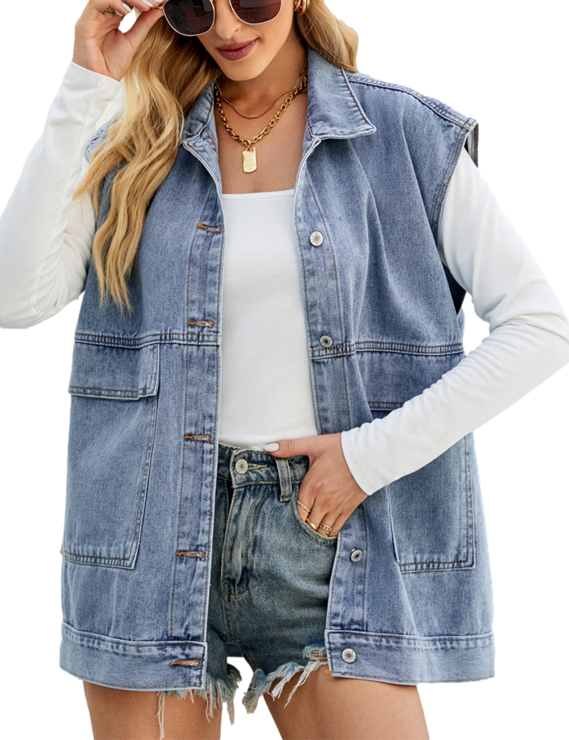 Zontroldy Women's Oversized Denim Vest - Sleeveless Button Down Jean Waistcoat Shacket Jacket for Casual Outfits & Layering | Perfect for Spring, Summer & Fall Fashion