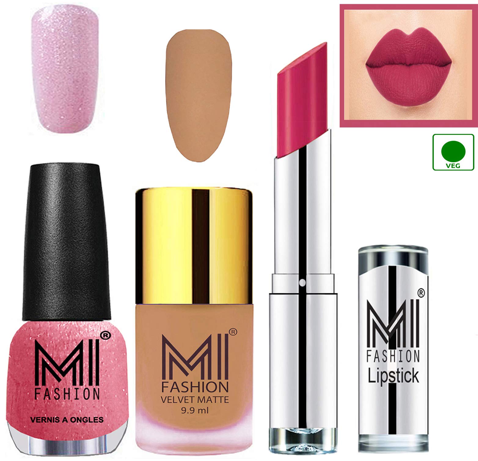 MI Fashion Nail Polish & Lipstick Set - Nude Matte, Shining Pink & Dark Magenta | Long Lasting Vegan Makeup Kit for Women | Perfect for Parties, Date Nights & Special Occasions