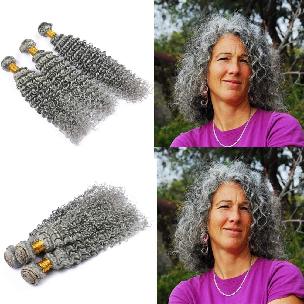Premium 3-Piece Silver Gray Deep Wave Human Hair Extensions | Virgin Brazilian Hair Wefts (14