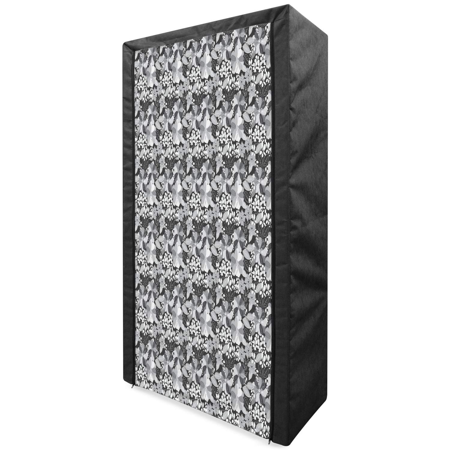 Ambesonne Floral Portable Fabric Wardrobe - Vintage Inspired Grey Clothing Organizer with Shelves, 33.5 Inch Charcoal & Pale Grey | Perfect for Bedroom, Closet Storage & Travel Use