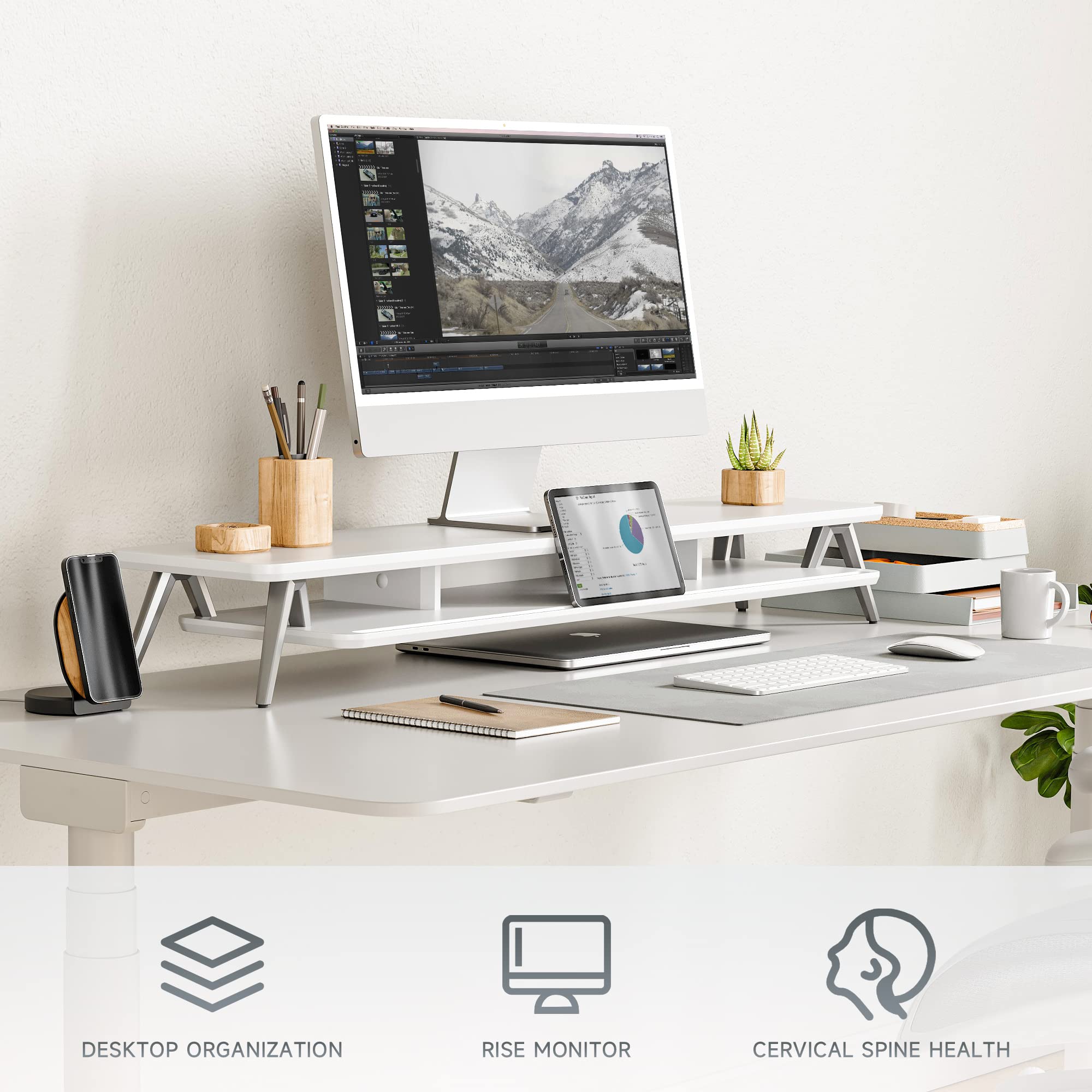 Dual Monitor Stand for 2 Screens - 42.5 Inch Wooden Desk Shelf with Storage Organizer & Cable Management | Perfect for Home Office Setup, Gaming Station & Workspace Accessories