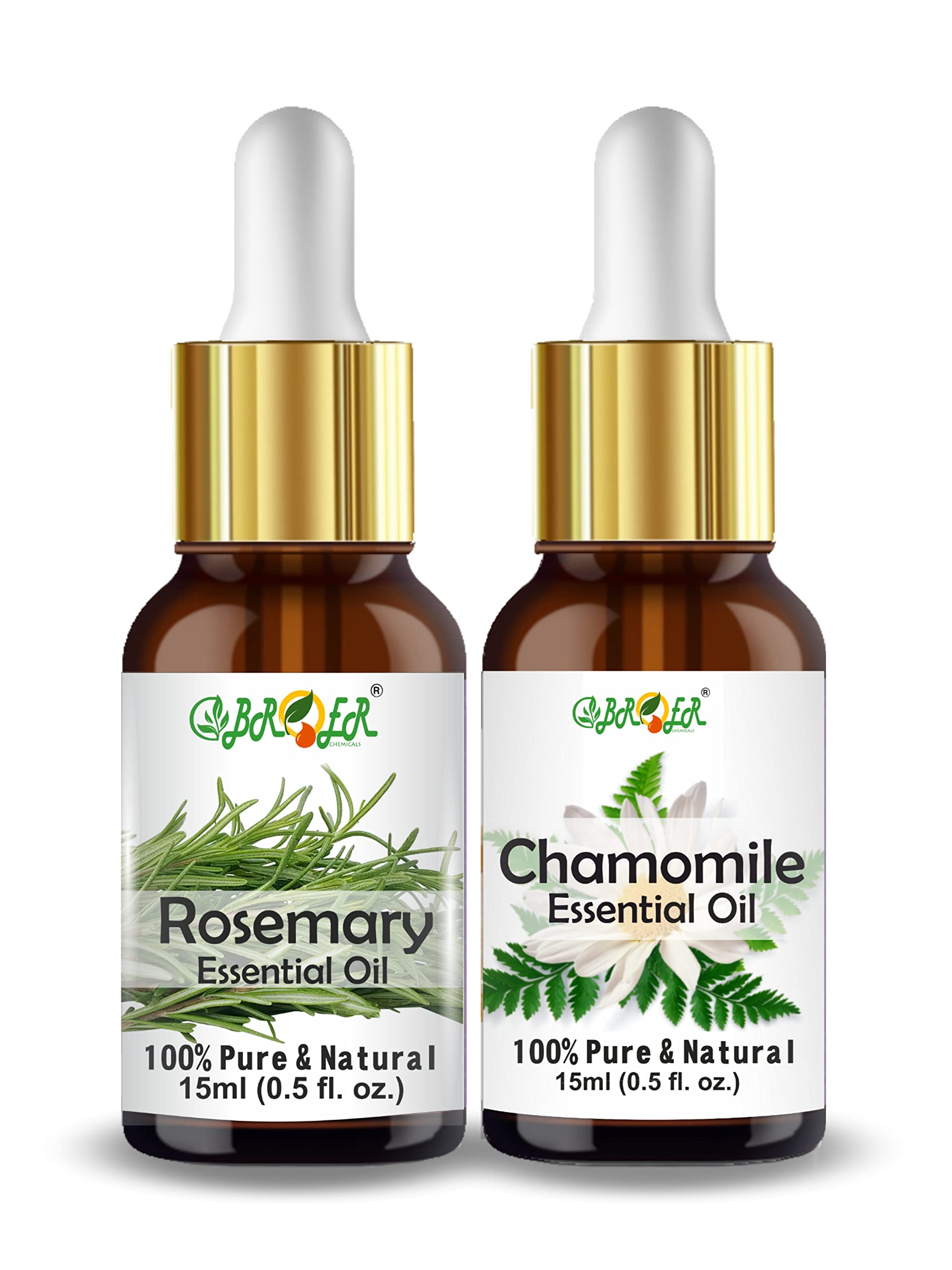BROER Rosemary Essential Oil & Chamomile Essential Oil Set - 100% Pure Natural Undiluted for Hair Growth, Skin Moisturizing & Scalp Care (2x30ml) - Perfect for Aromatherapy, Massage & DIY Beauty Products