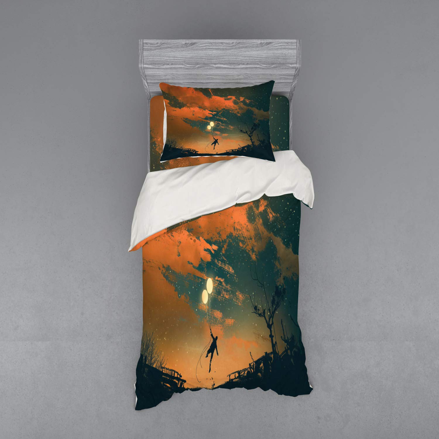 Ambesonne Fantasy Duvet Cover Set - Flying Man with Balloons in Starry Night Sky, Freedom Fun Theme 3-Piece Bedding Set with Pillow Sham & Fitted Sheet, Twin XL Size, Orange Ash Grey - Perfect for Kids' Rooms, Themed Bedrooms & Whimsical Decor
