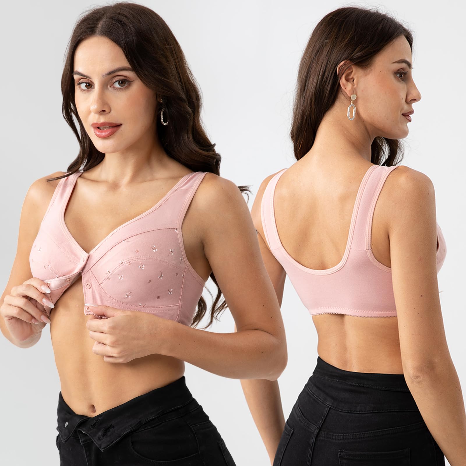 Charm Front Closure Bras for Women - Comfortable No Underwire Daisy Bra, Plus Size & Wireless Support for Older Women - Perfect for Daily Wear, Yoga, and Relaxation