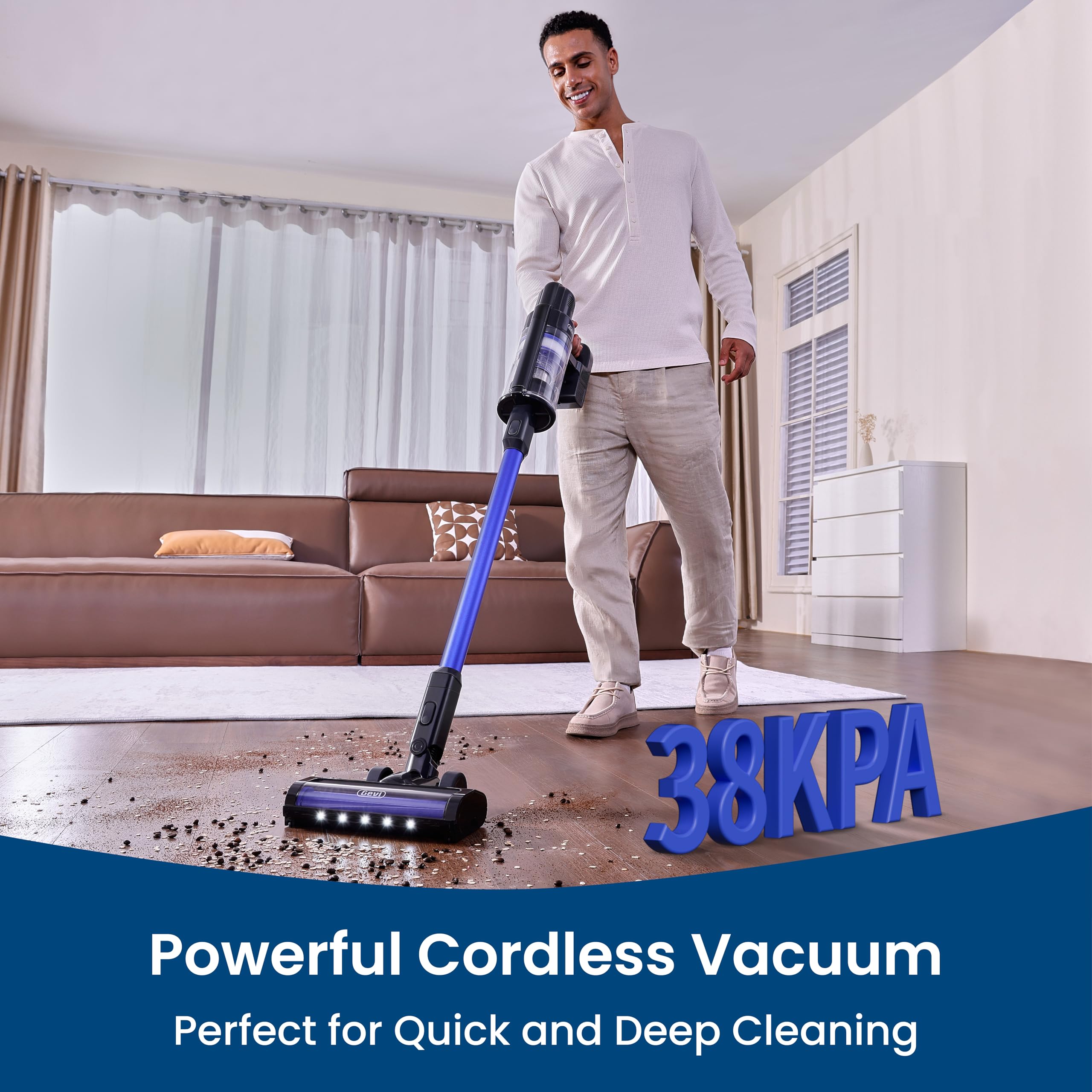 Gevi Cordless Vacuum Cleaner - 500W 38KPA Powerful Suction, 100min Rechargeable Battery, LED Display & XL Dust Cup - Lightweight Stick Vacuum for Hard Floors, Carpets, Pet Hair, Car Cleaning - Perfect for Home, Office, and Auto Detailing