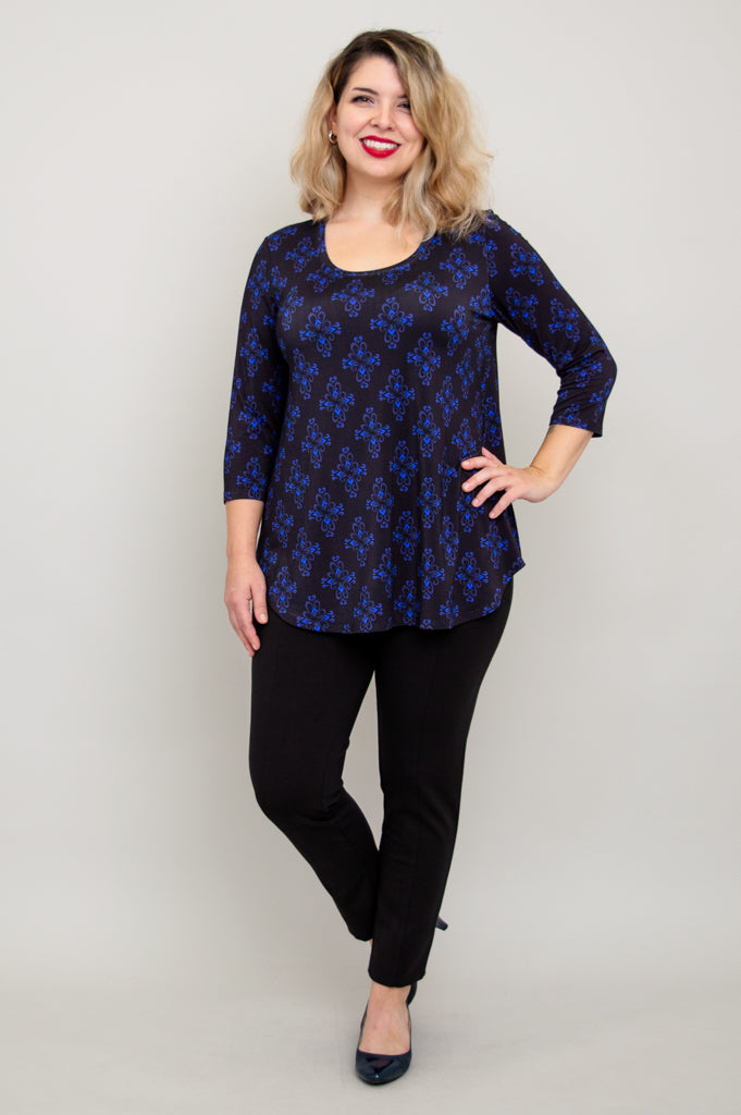 Jazz 3/4 Sleeve Top - Blue French Bamboo Cotton Blouse for Women | Perfect for Casual Wear, Office Outfits & Summer Fashion