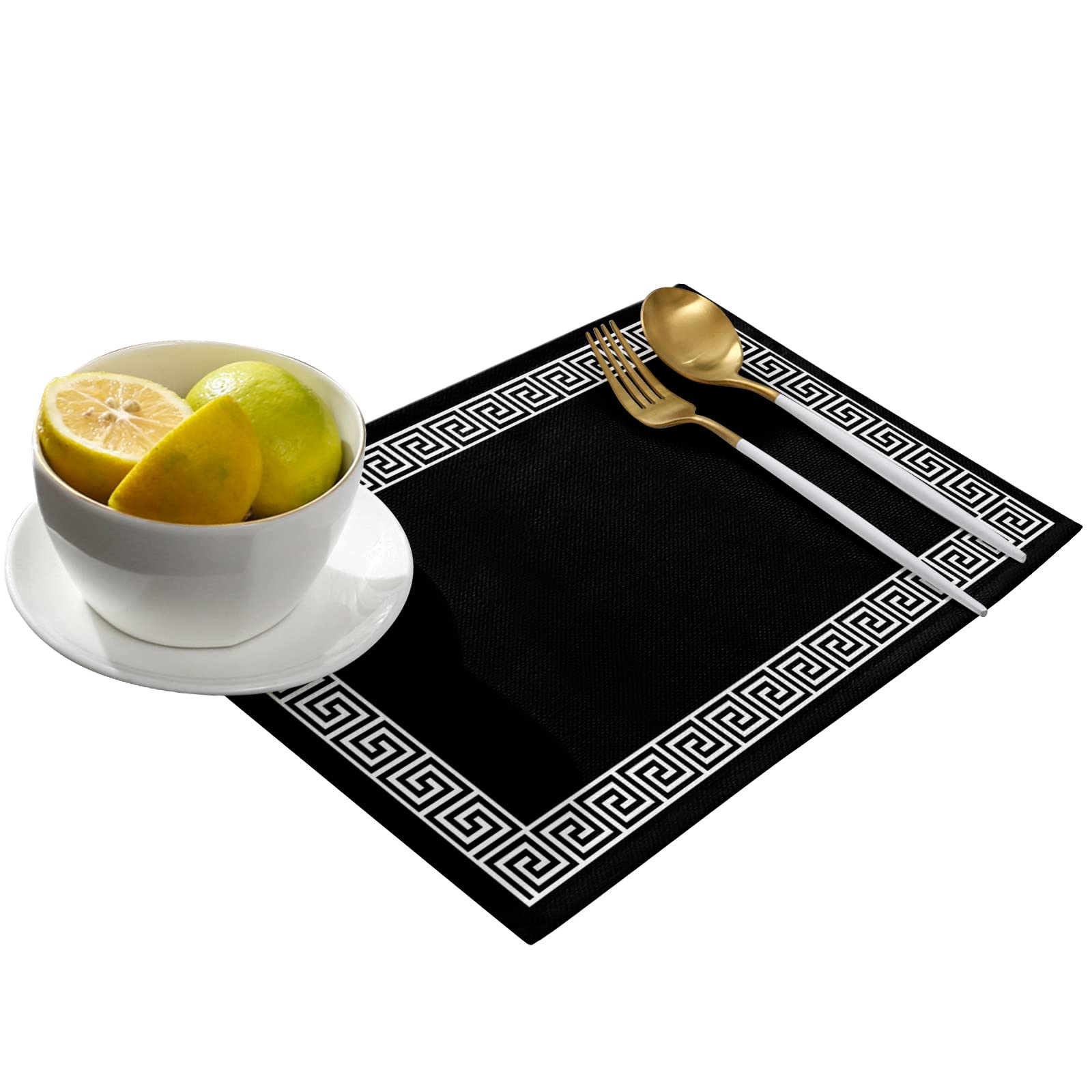 Geometric Greek Key Design Placemats Set of 4 - Black Washable Table Mats for Dining Room, Kitchen, and Dinner Table Decorations - Perfect for Everyday Use and Special Occasions