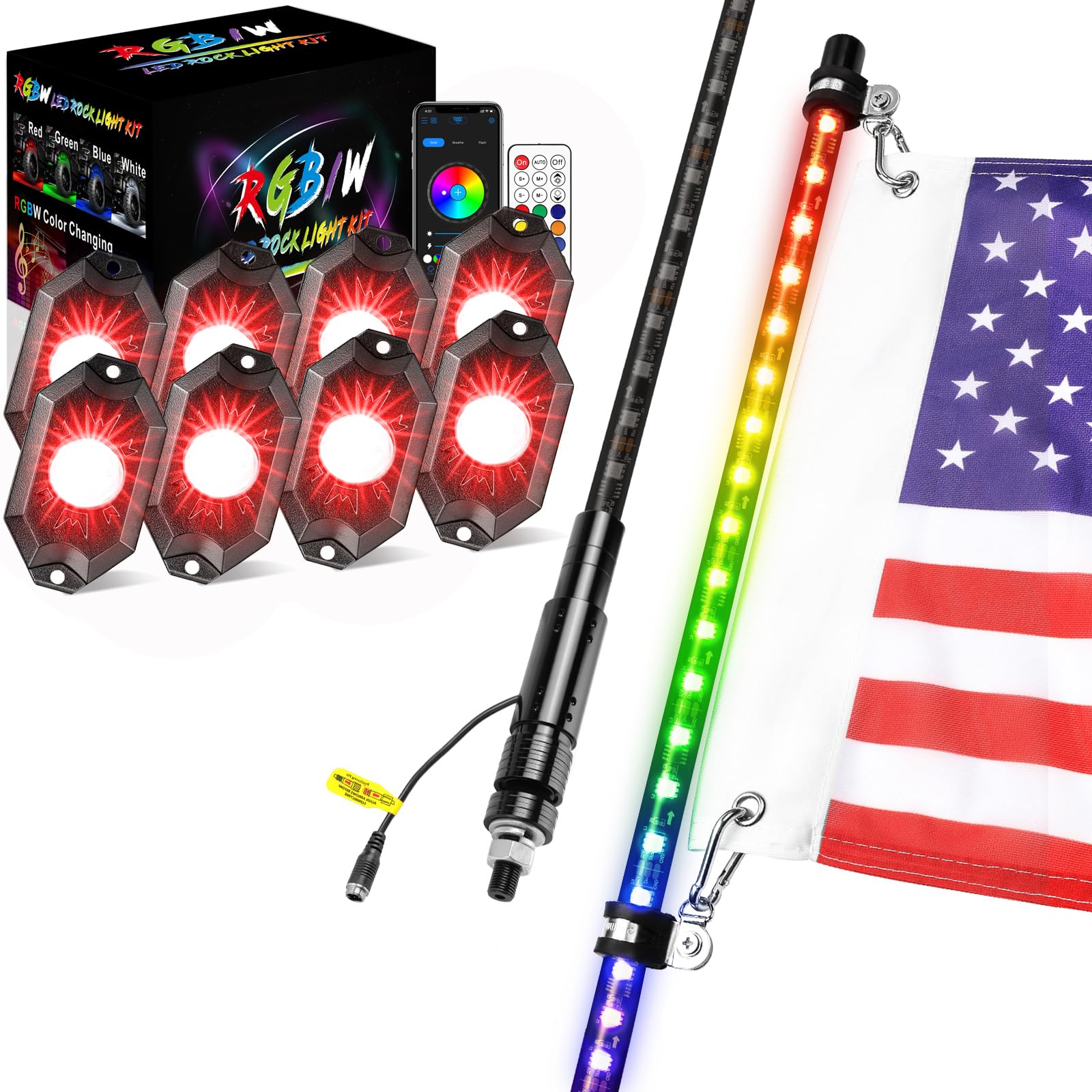 2FT LED Whip Rock Lights with Remote Control - Waterproof Off-Road Lighting for UTV, Jeep, Polaris RZR, Can-am & Ram Trucks | Perfect for Night Riding, Trail Adventures & Off-Road Vehicle Customization