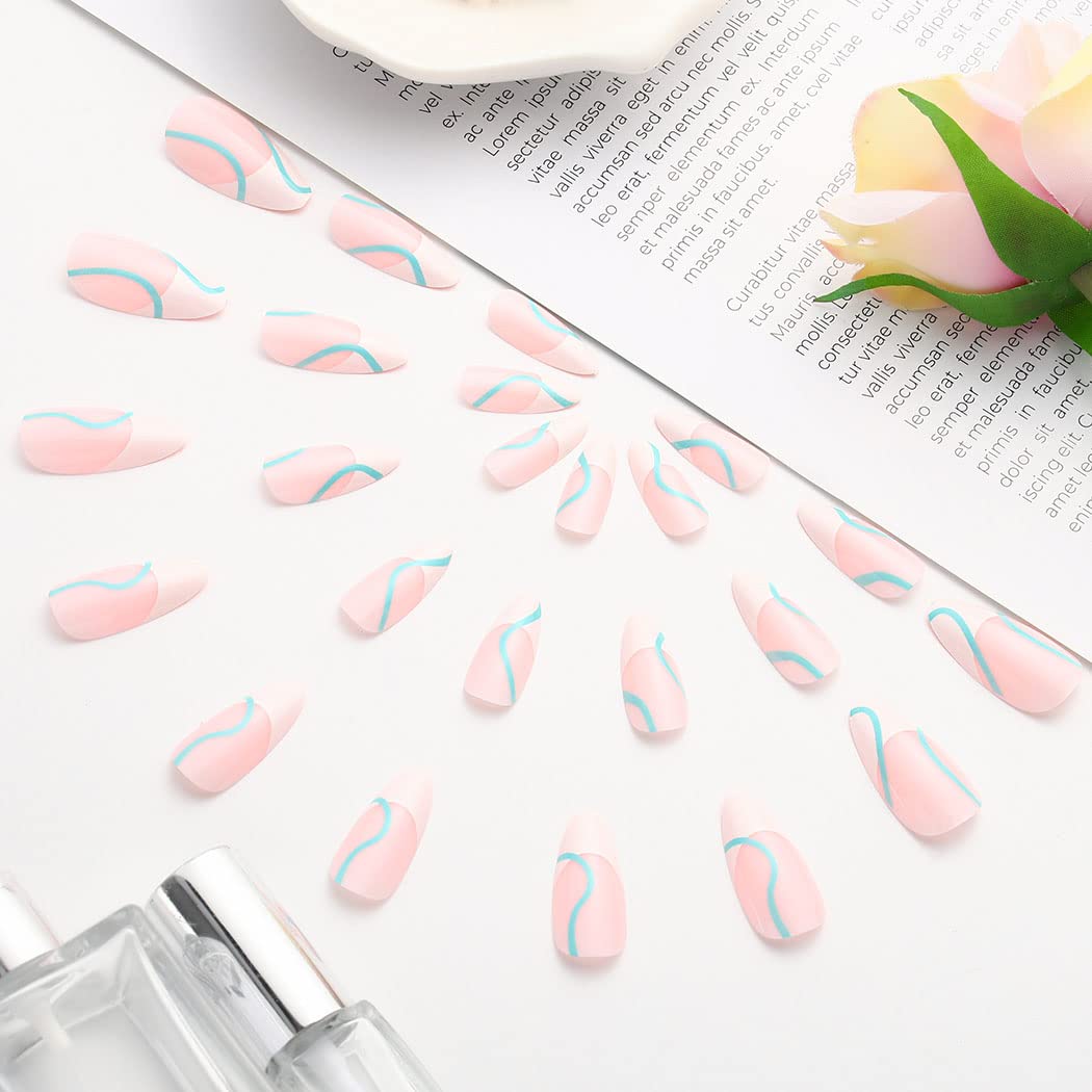 24Pcs Glossy Medium Fake Nails - Oval Blue Line Press on Nails with French Manicure Design, Full Cover Ballerina Patch Nails Tips for Women and Girls (Style E) | Perfect for Parties, Weddings, Date Nights & Special Occasions