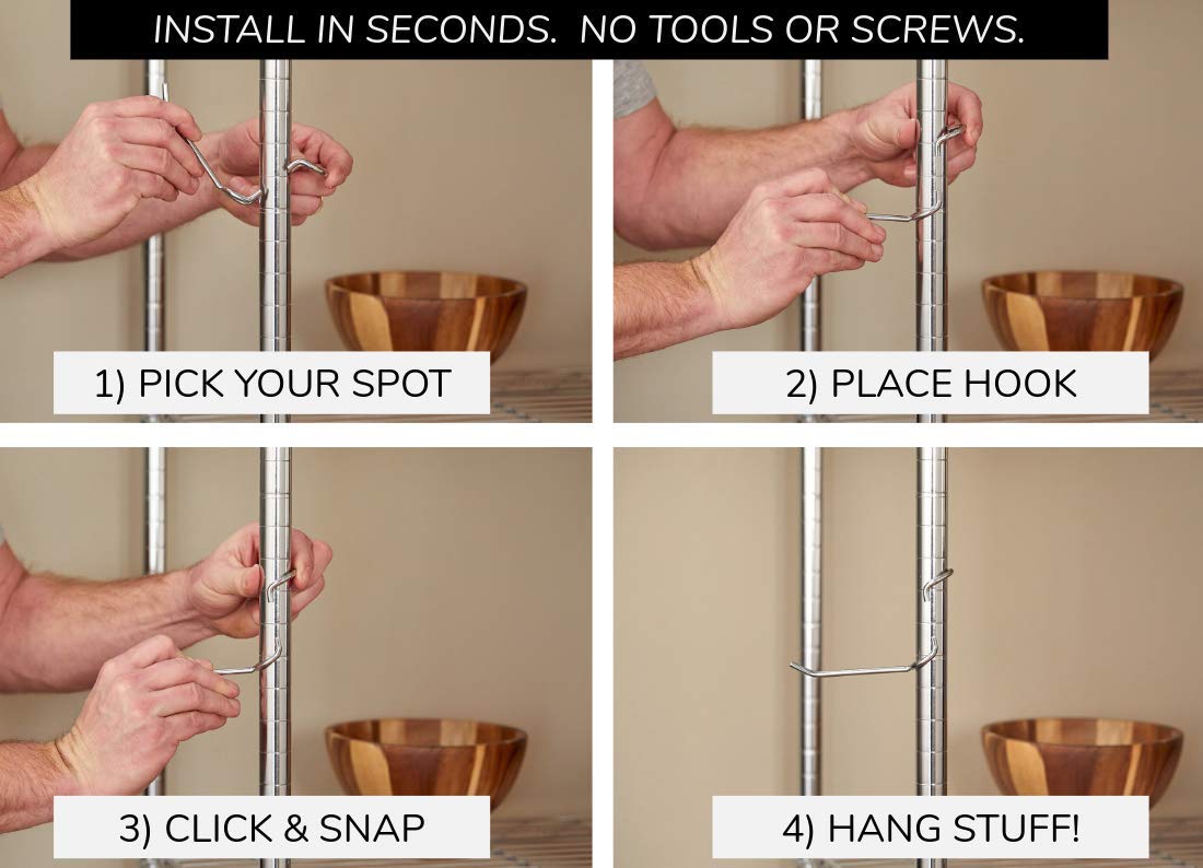 Sunway 5-Pack Chrome Shelf Pole Hooks - Heavy Duty C-Hooks for Garage Storage & Shelving Organization | Fits Metal/Wire Shelves & Racks | Easy Install | Perfect for Pantry, Closet & Workshop Organization