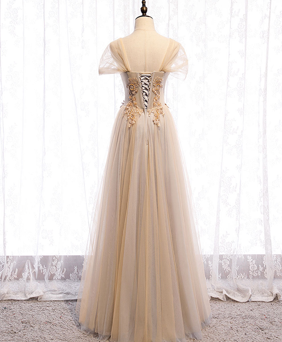 Elegant Champagne Sweetheart Tulle Lace Long Prom Dress for Formal Events - Perfect for Homecoming, Wedding Guest & Evening Gala