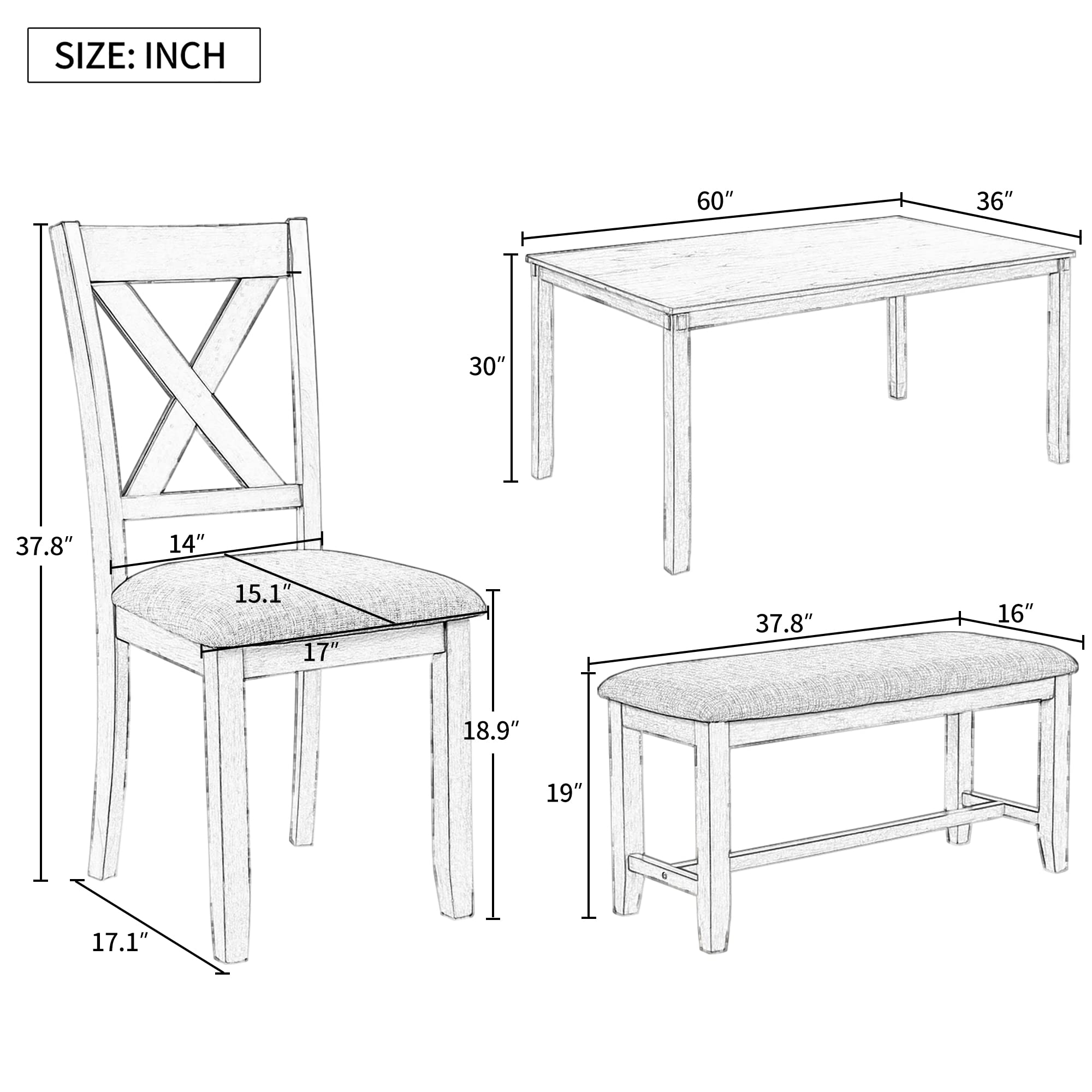 LZ LEISURE ZONE 6-Piece Dining Table Set with Bench - Modern Kitchen & Dining Room Furniture for Home or Restaurant (Grey & Grey) - Perfect for Family Meals, Entertaining Guests & Small Space Dining Areas