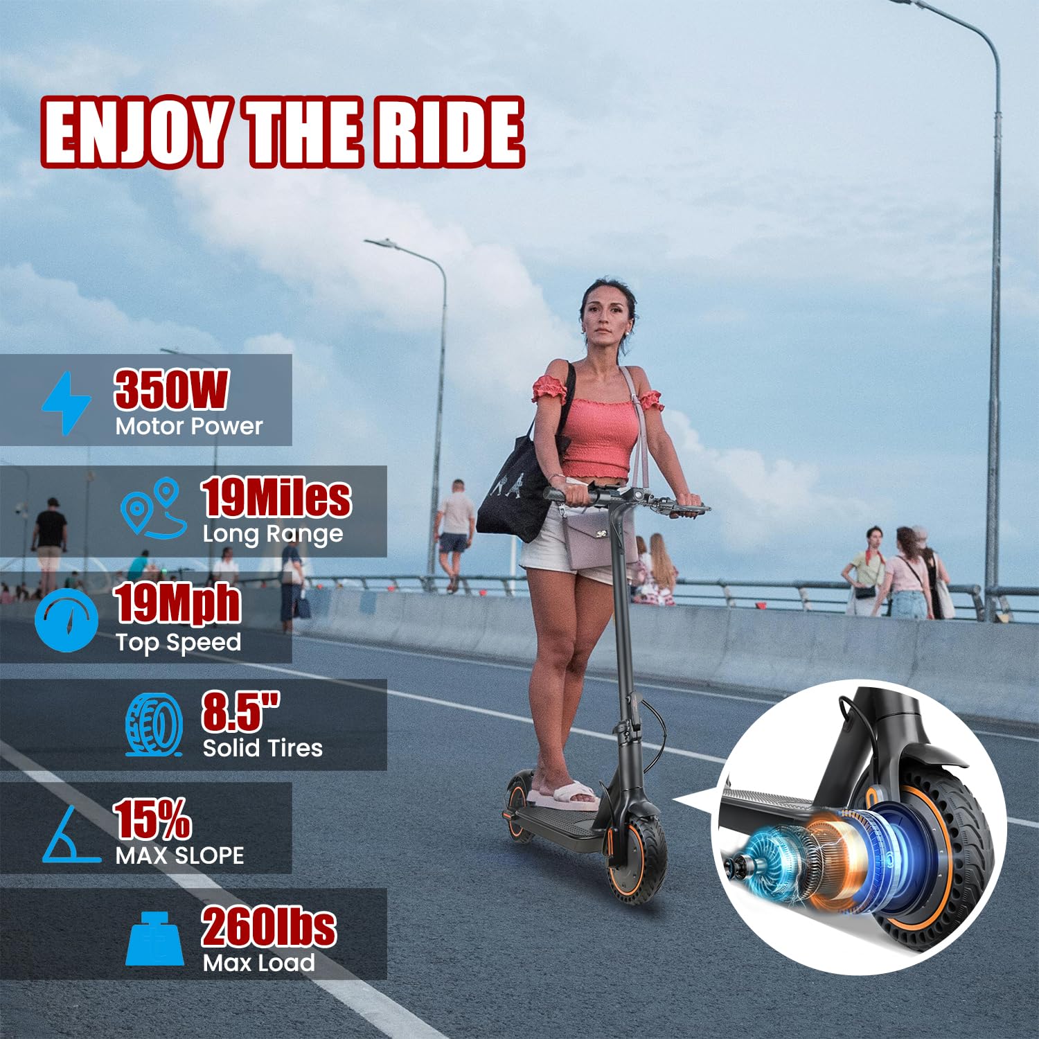 Premium Electric Scooter for Adults - 350W Motor, 19 Miles Range & 19 MPH Speed - 8.5