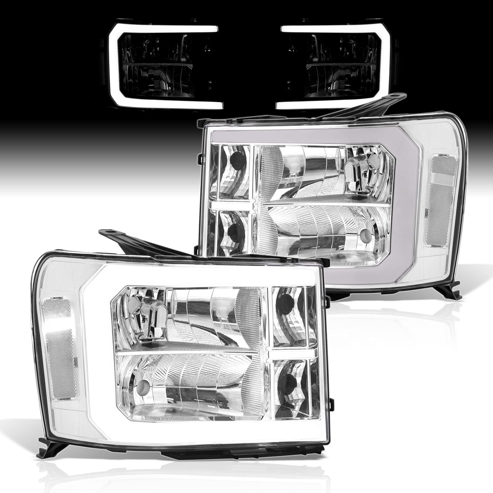 LED DRL Headlights for GMC Sierra 1500/2500HD/3500HD 2007-2014 - Chrome Housing, Clear Lens - Daytime Running Lights