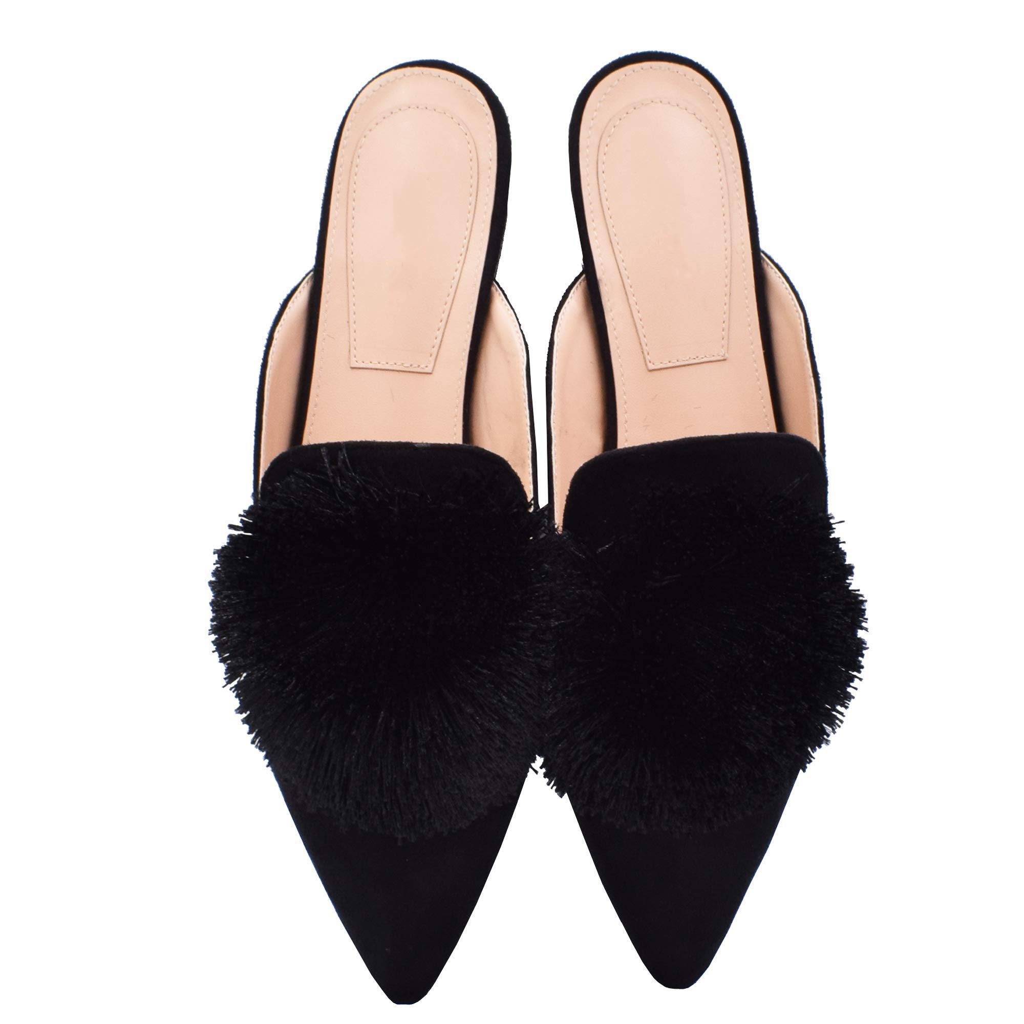 Fericzot Women's Slip On Mule Loafers - Backless Casual Shoes with Puff Pompom & Pointed Toe - Comfortable House Slippers for Home, Office, and Daily Wear