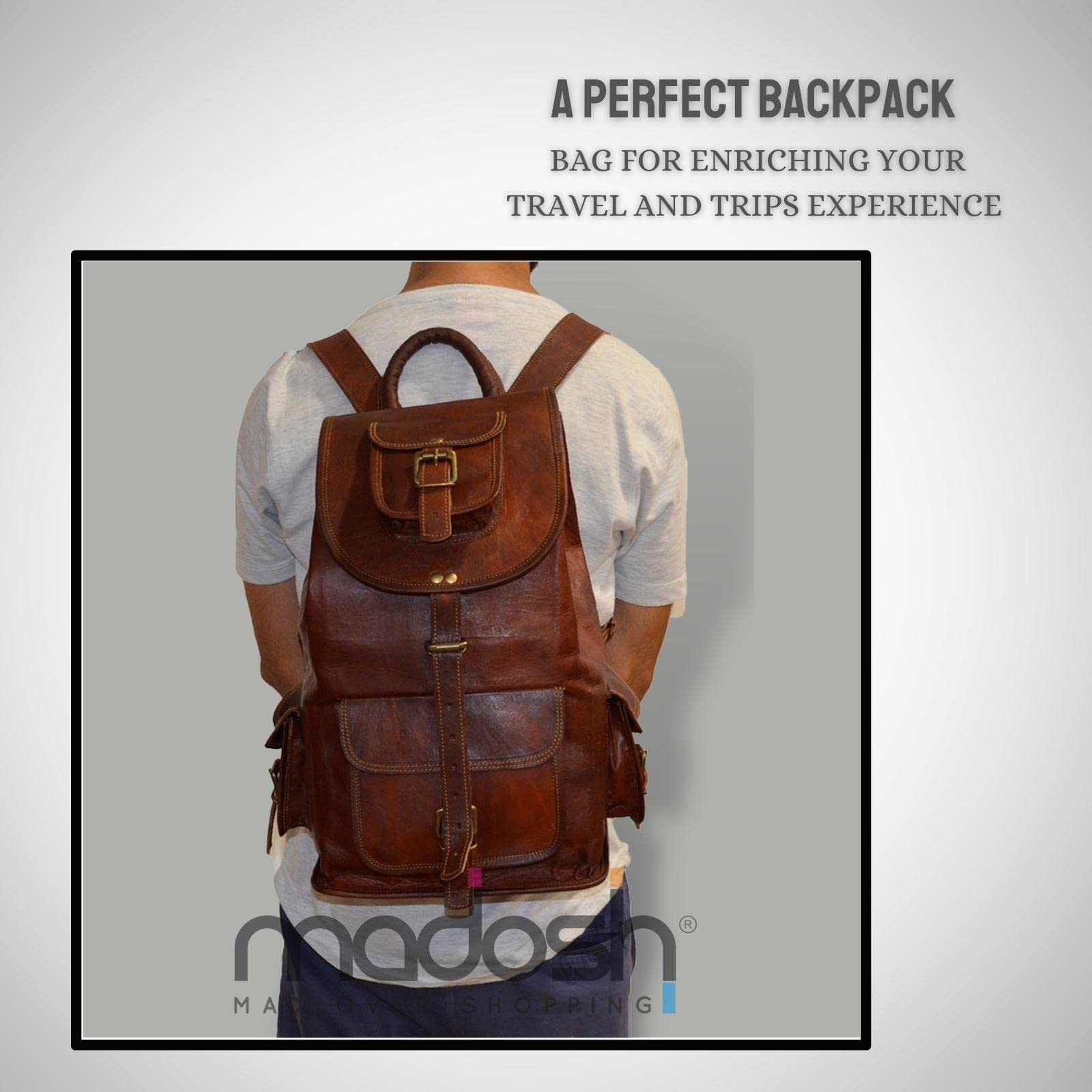 **Madosh Genuine Leather Backpack for Hiking, Camping & Travel - 16