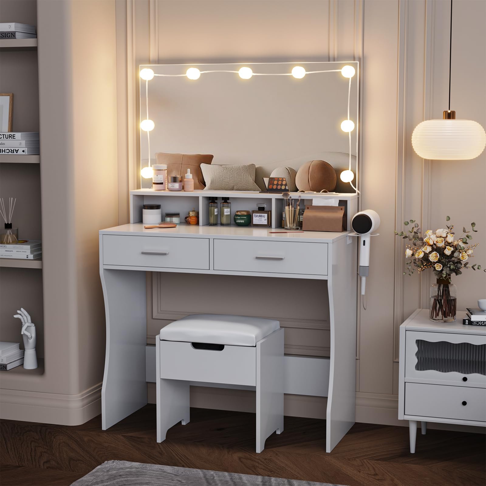 Vabches Makeup Vanity with Lighted Mirror & Power Outlet, White Vanity Set with 3 Adjustable Lighting Colors, Brightness Control, 31.5 Inch Wide Makeup Desk - Perfect for Bedroom, Dressing Room & Beauty Salon