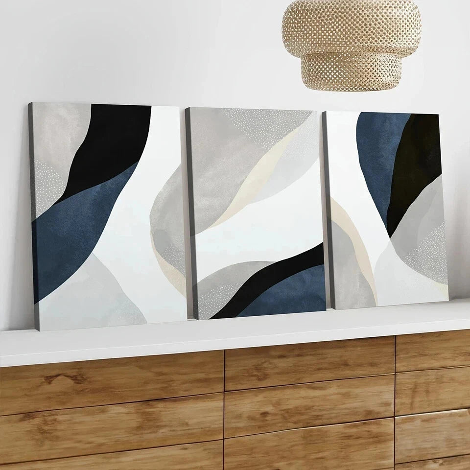 3Pcs Abstract Blue Dark Blue White Gray Black Wall Art Set - Framed Canvas Prints 50x70cm (20x28in) - High Quality Australian Made Wall Decor - Perfect for Living Room, Bedroom & Office Decoration - Ready to Hang