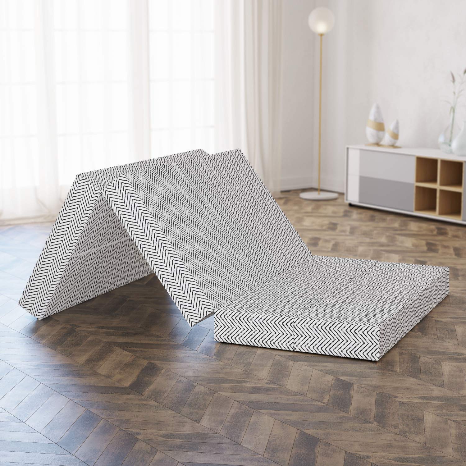 Ambesonne Modern Foldable Mattress - Black and White Zig Zag Triangle Print, 78.7