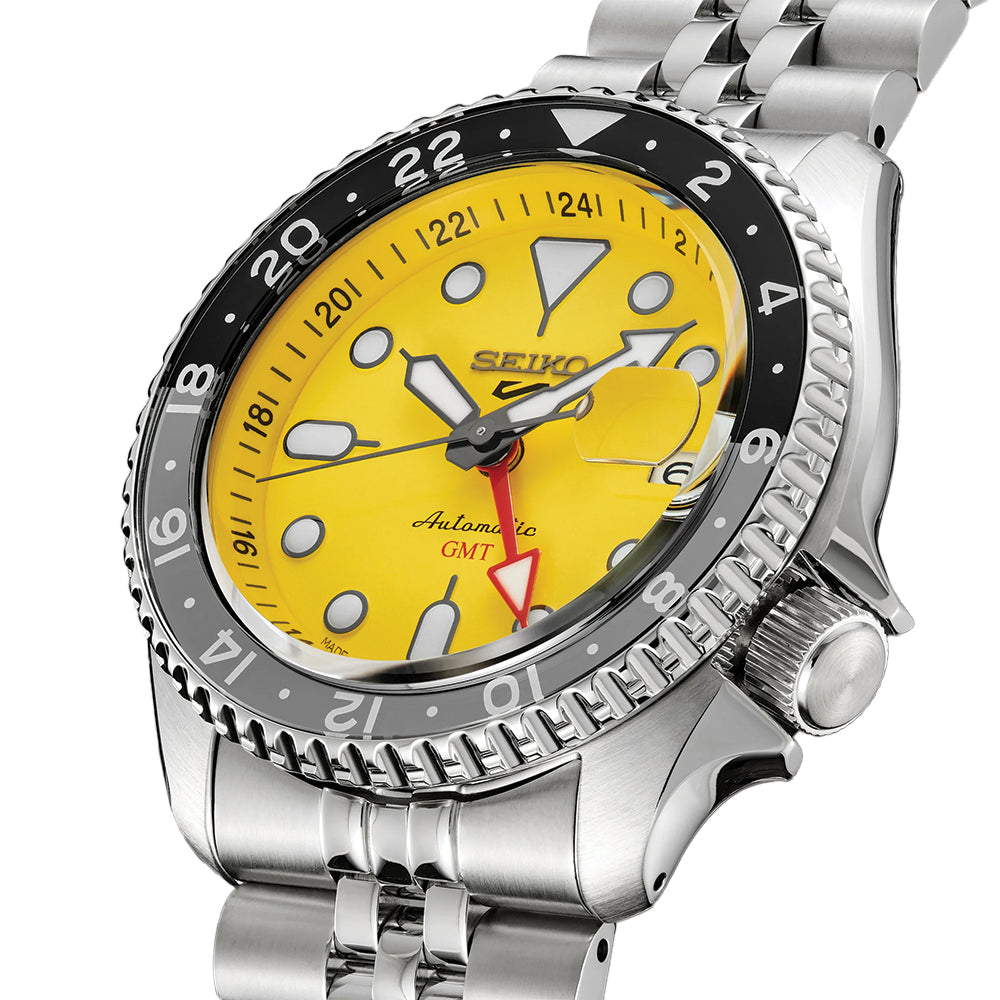 SSK017 SKX GMT Sports Watch 42.5mm Yellow Dial Stainless Steel Bracelet - Perfect for Diving, Travel & Outdoor Adventures