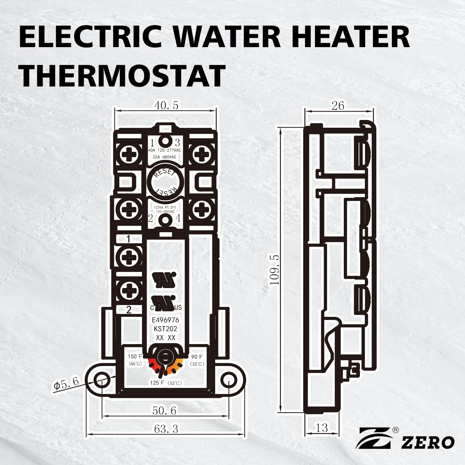 Zero KST202 Single Element Electric Water Heater Thermostat - UL Certified Black Temperature Control Switch for Home & RV Use | Bathroom, Kitchen & Camper Applications