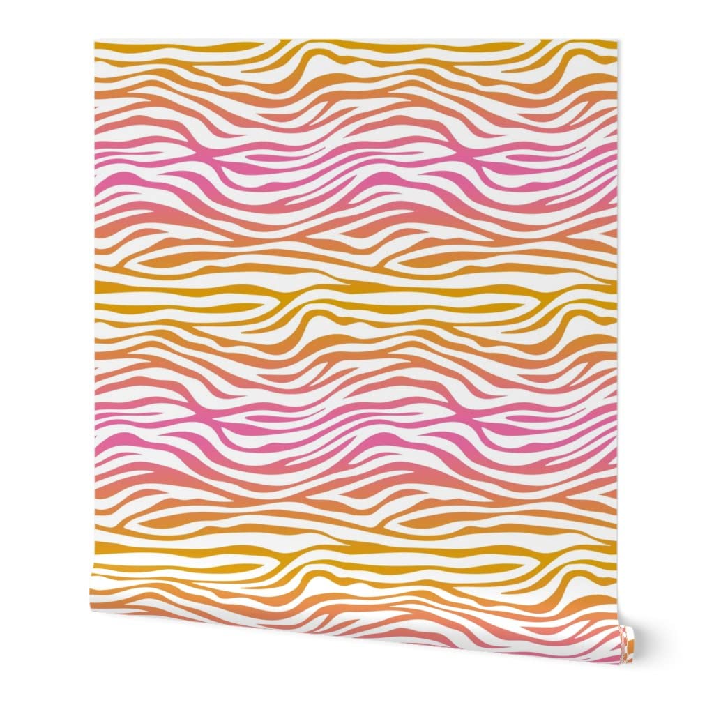 Peel & Stick Wallpaper 9ft x 2ft - Zebra Stripes Summer Wild Animals Pink Orange Custom Removable Wallpaper by Spoonflower | Perfect for Nursery, Bedroom, Office & Home Decor
