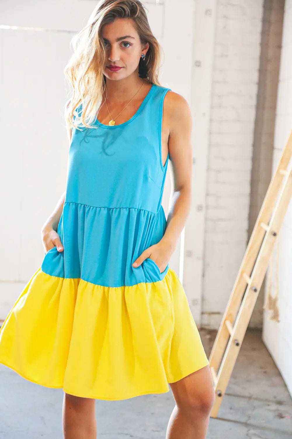 Blue Flare Color Block Tiered Woven Dress for Women - Summer Boho Maxi Dress with Pockets, Beach Wedding Guest Outfit, Vacation & Party Wear