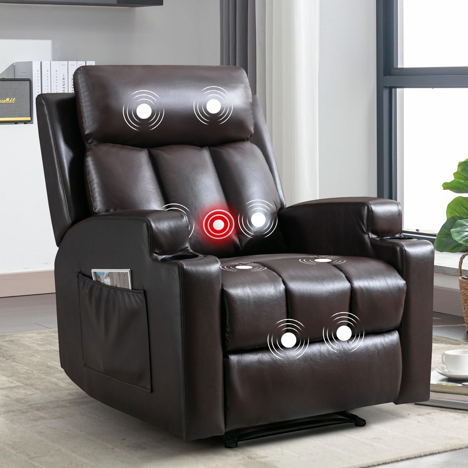 Phoenix Home Manual Recliner Chair with Massage & Heat - Ergonomic Overstuffed Fabric Recliner with Side Pockets, Cup Holders & Remote Control - Perfect for Living Room & Bedroom Relaxation (Brown)