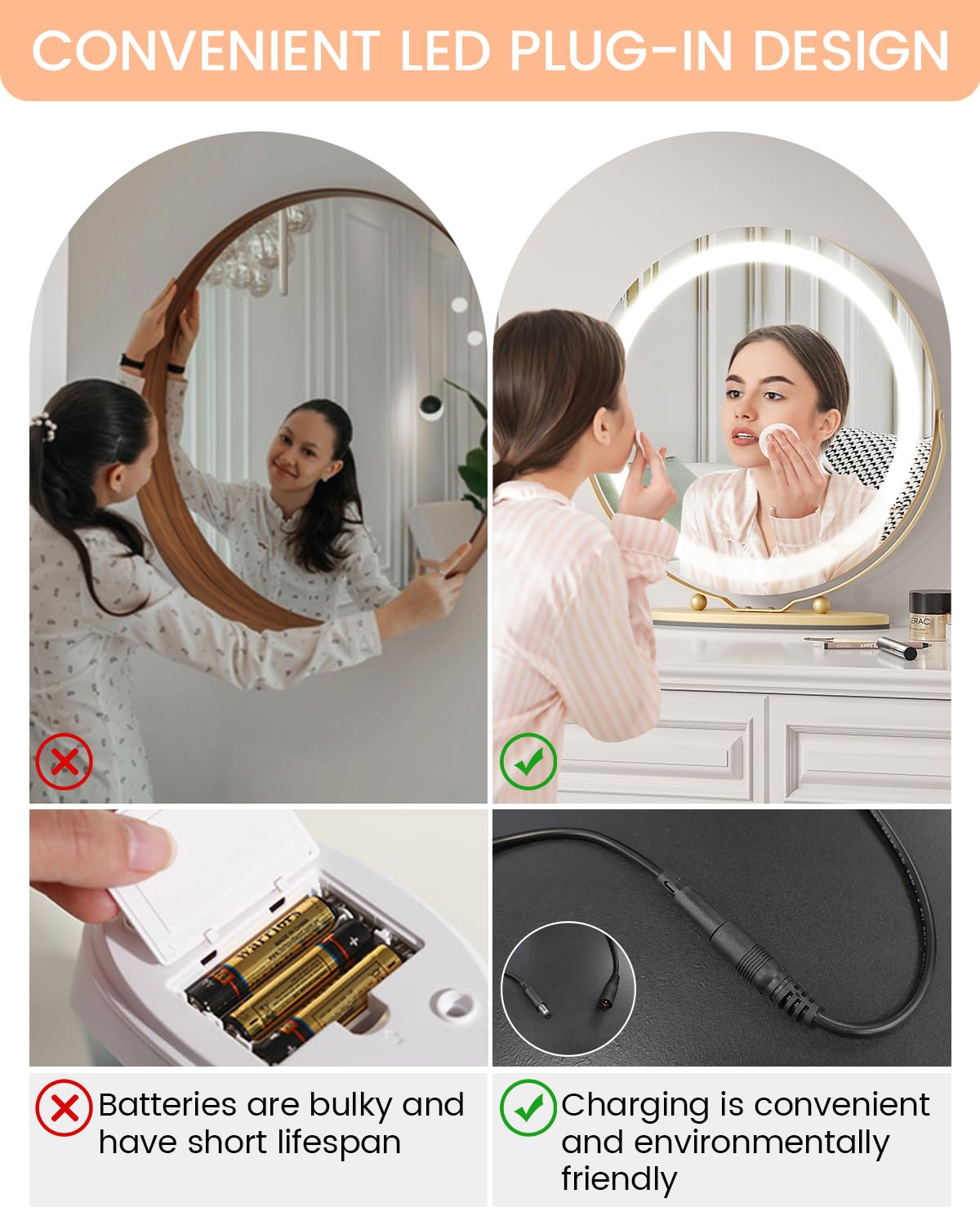 GARVEE 19 Inch LED Vanity Mirror with Lights - HD Makeup Mirror with 360° Rotation, Touch Control, Dimmable Brightness - Perfect for Bedroom, Dressing Table & Bathroom (White/Gold)