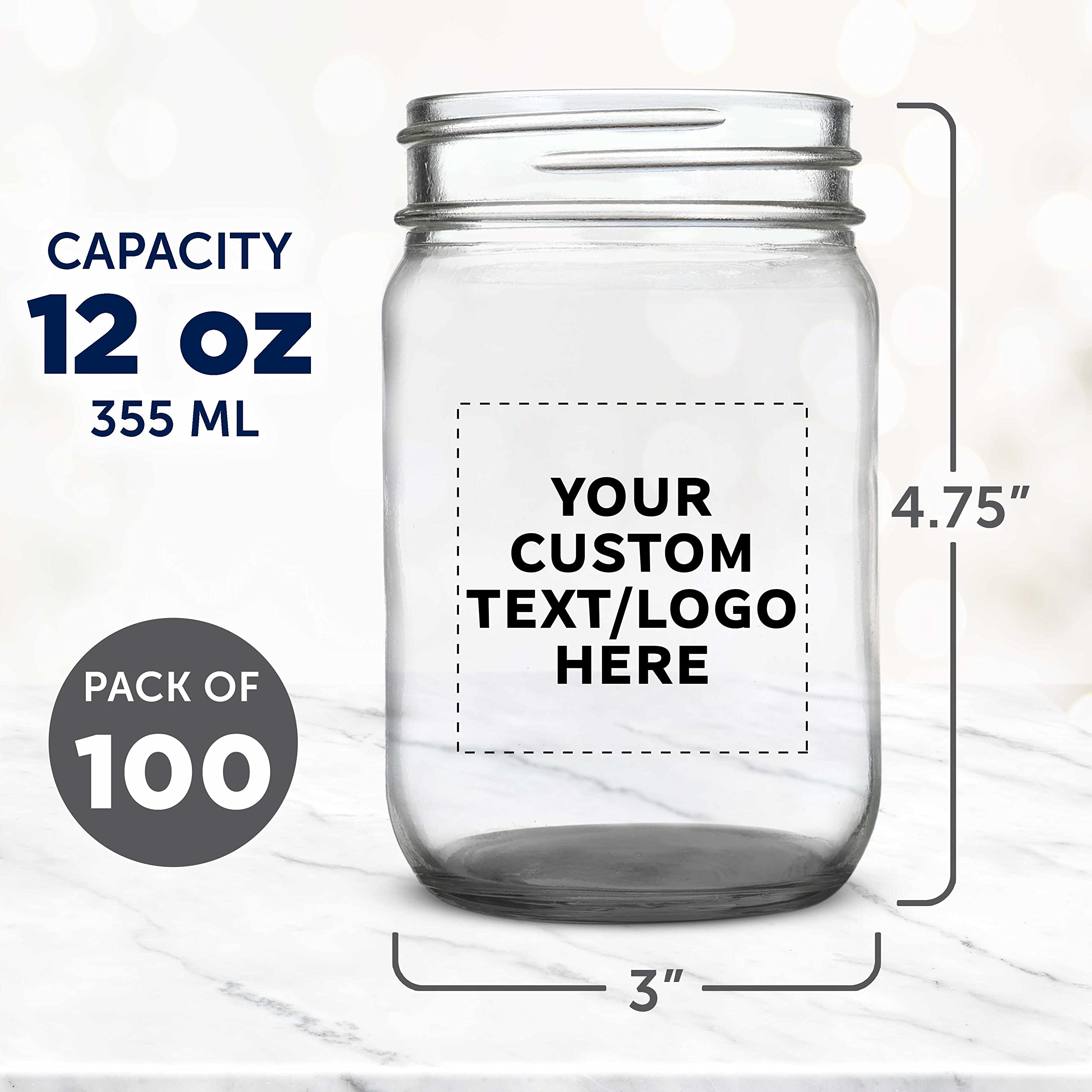Customized 12 oz Mason Jars Bulk Pack of 100 - Personalized Glass Jars for Food Storage, DIY Crafts & Gifts - Perfect for Overnight Oats, Candies, Pickling, Spices, Beverages - Ideal for Home Kitchen, Party Favors & Wedding Decorations