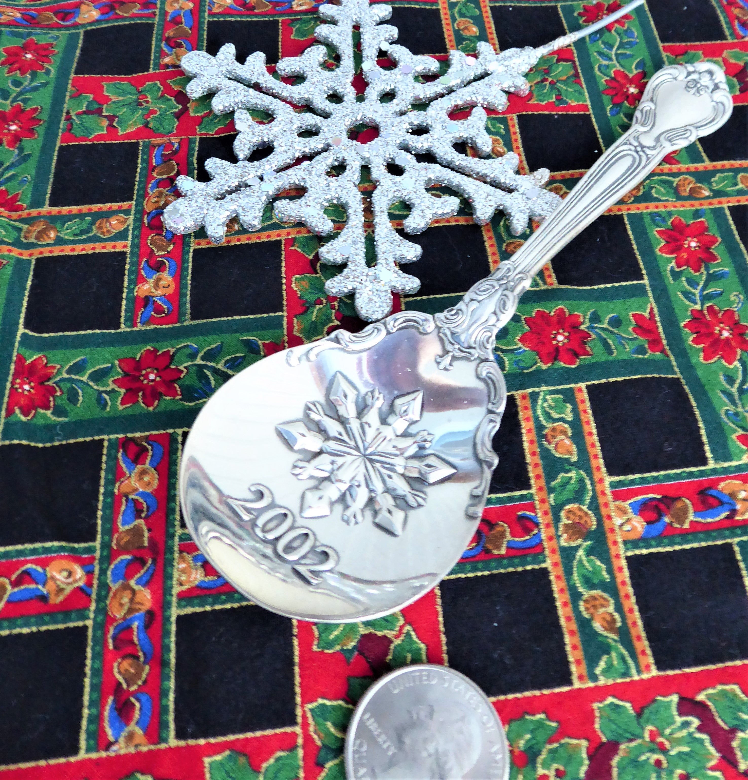 Gorham Chantilly Sterling Silver Serving Spoon with 2002 Christmas Snowflake Design - Perfect for Holiday Tea Parties & Festive Gatherings