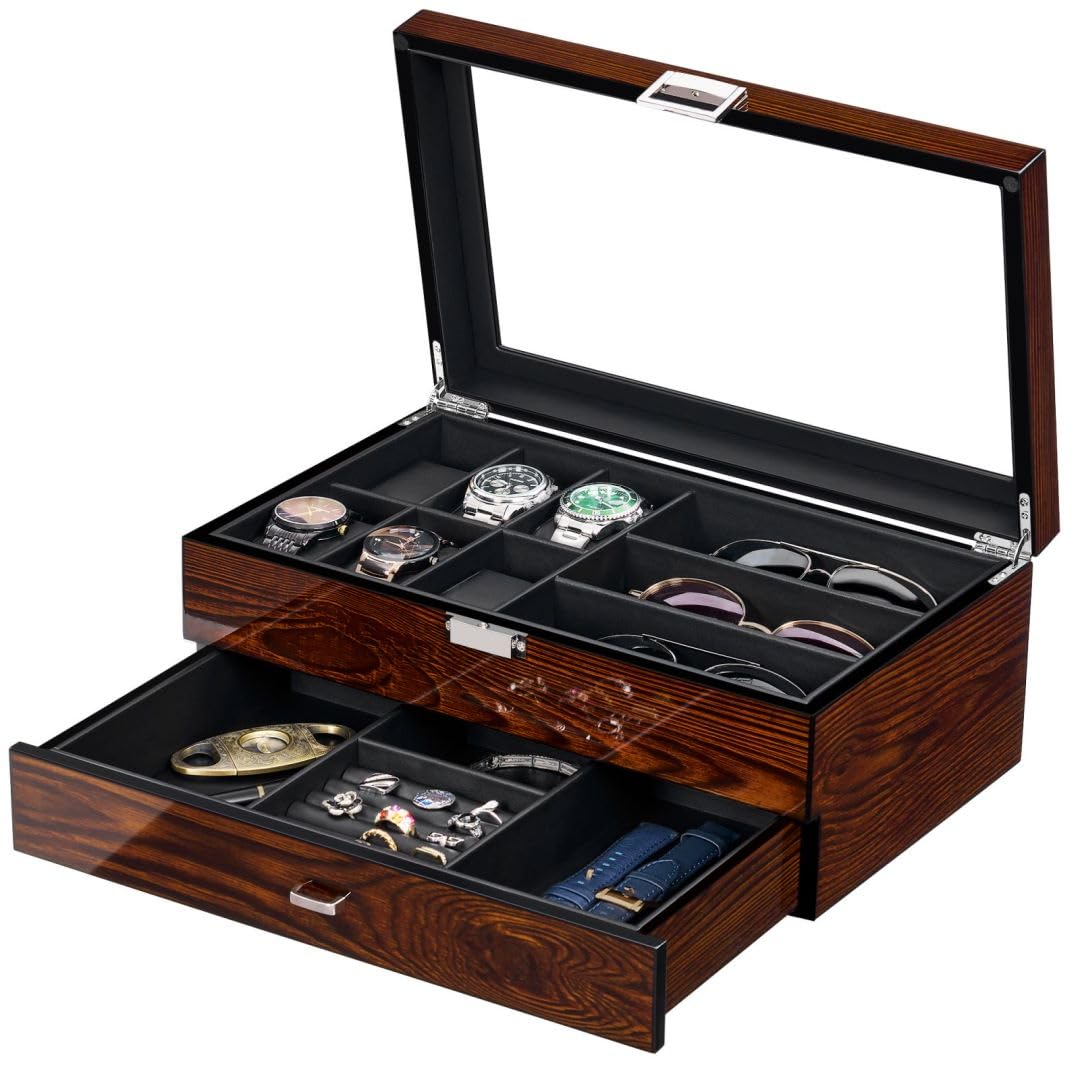 BEWISHOME Wooden Watch Box with Valet Drawer - Luxury Men's Jewelry Organizer & Sunglasses Storage Case - Large Glass Top Display, Smooth Faux Leather Interior, Brown SSH32Y - Perfect for Watch Collections, Gift Giving & Travel Accessories Organization