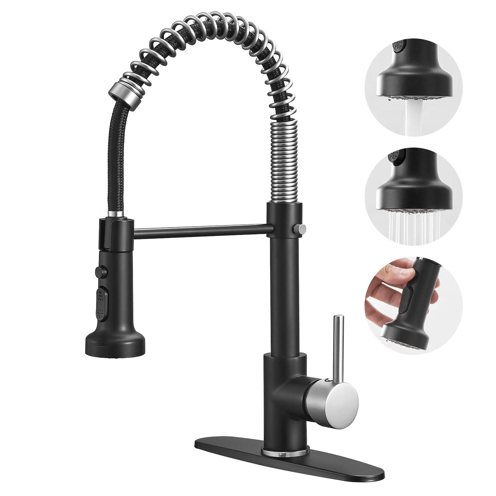 BESy Commercial Kitchen Faucet with Pull Down Sprayer - High-Arc Single Handle Spring RV Sink Faucet, 3-Function Laundry Faucet in Matte Black & Brushed Nickel | Perfect for RV, Camper, Tiny House & Laundry Room