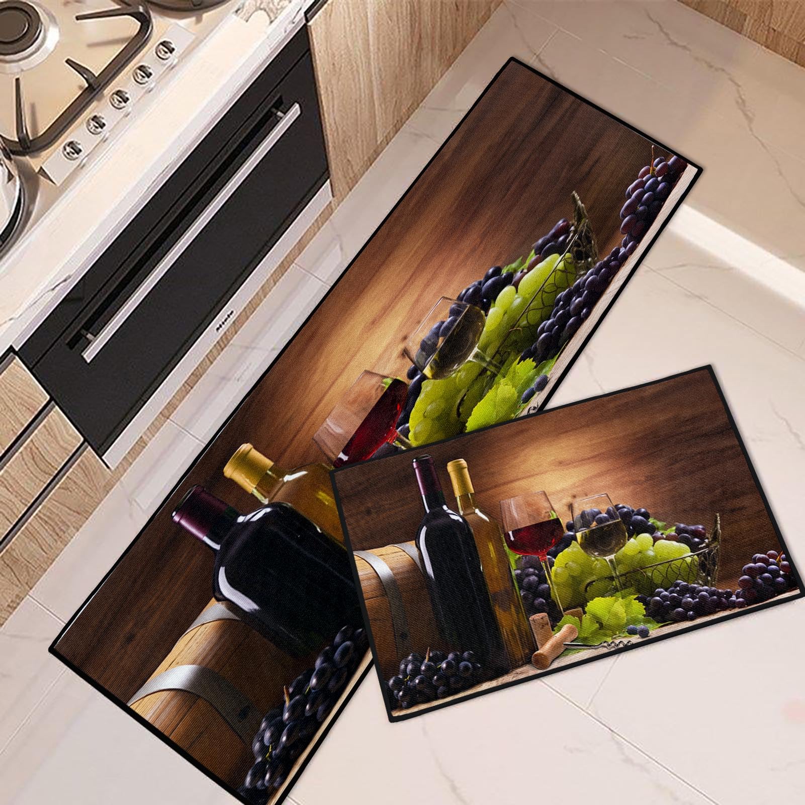 Non-Slip Washable Red Wine Kitchen Rugs Set of 2 - Grape & Wine Glass Design Floor Mats, Farmhouse Runner Rug for Romantic Kitchen Decor | Perfect for Dining Rooms, Wine Cellars & Vineyard-Themed Home Decor