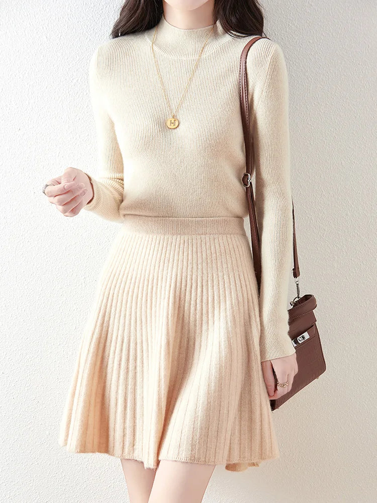 Women's 100% Wool Short Pleated Skirt - Waist Cinching Slimming Knit Pencil Skirt for Fall & Winter | Perfect for Office Wear, Date Nights & Holiday Parties