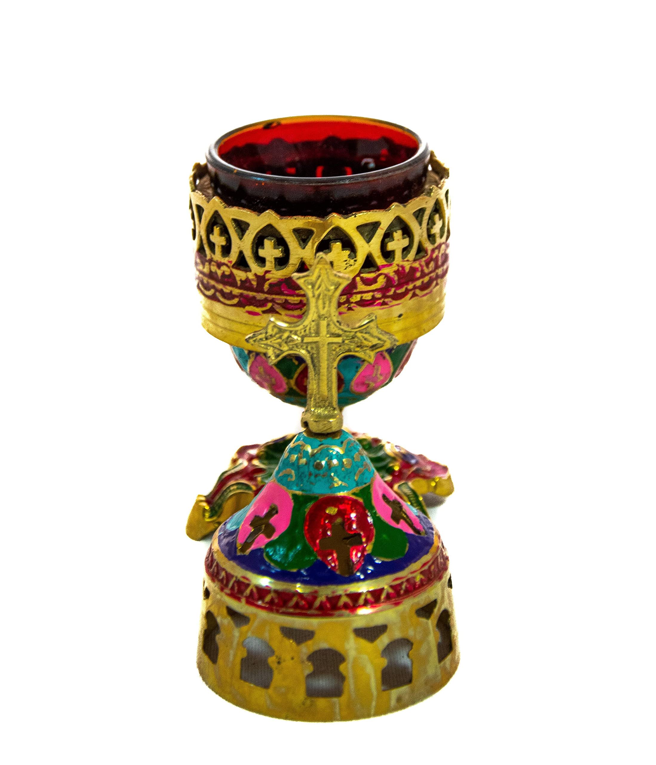 Hand-Painted Christian Brass Table Oil Vigil Lamp with Cross - Orthodox Prayer Standing Oil Candle with Glass Cup - Religious Home Decor for Church, Altar & Meditation Spaces