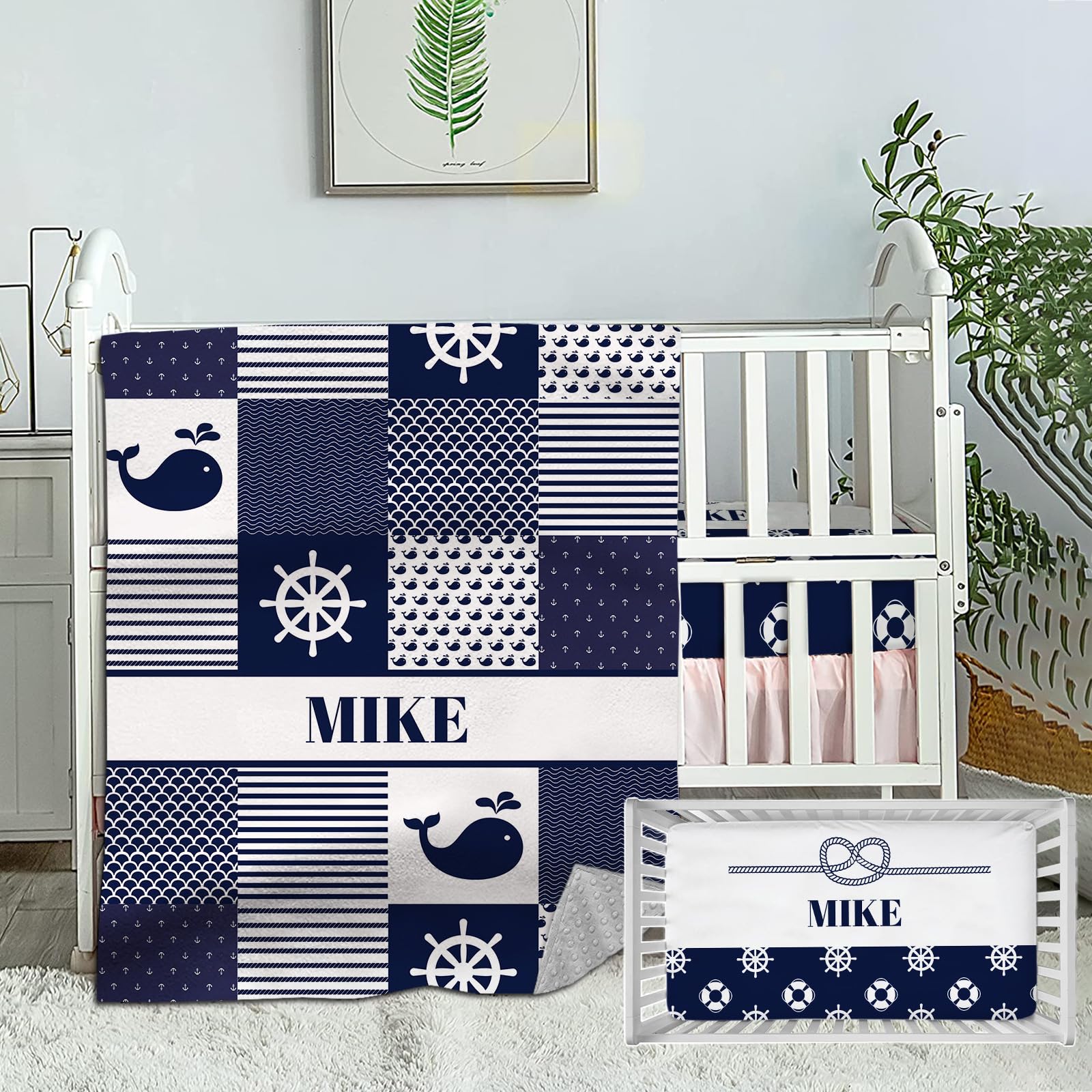 Custom Personalized Nautical Sea Crib Bedding Set for Baby Boys - 2 Piece Nursery Set with Name Embroidery | Soft Minky Crib Comforter & Fitted Sheet | Perfect for Newborn Gifts, Baby Showers & Coastal-Themed Nurseries