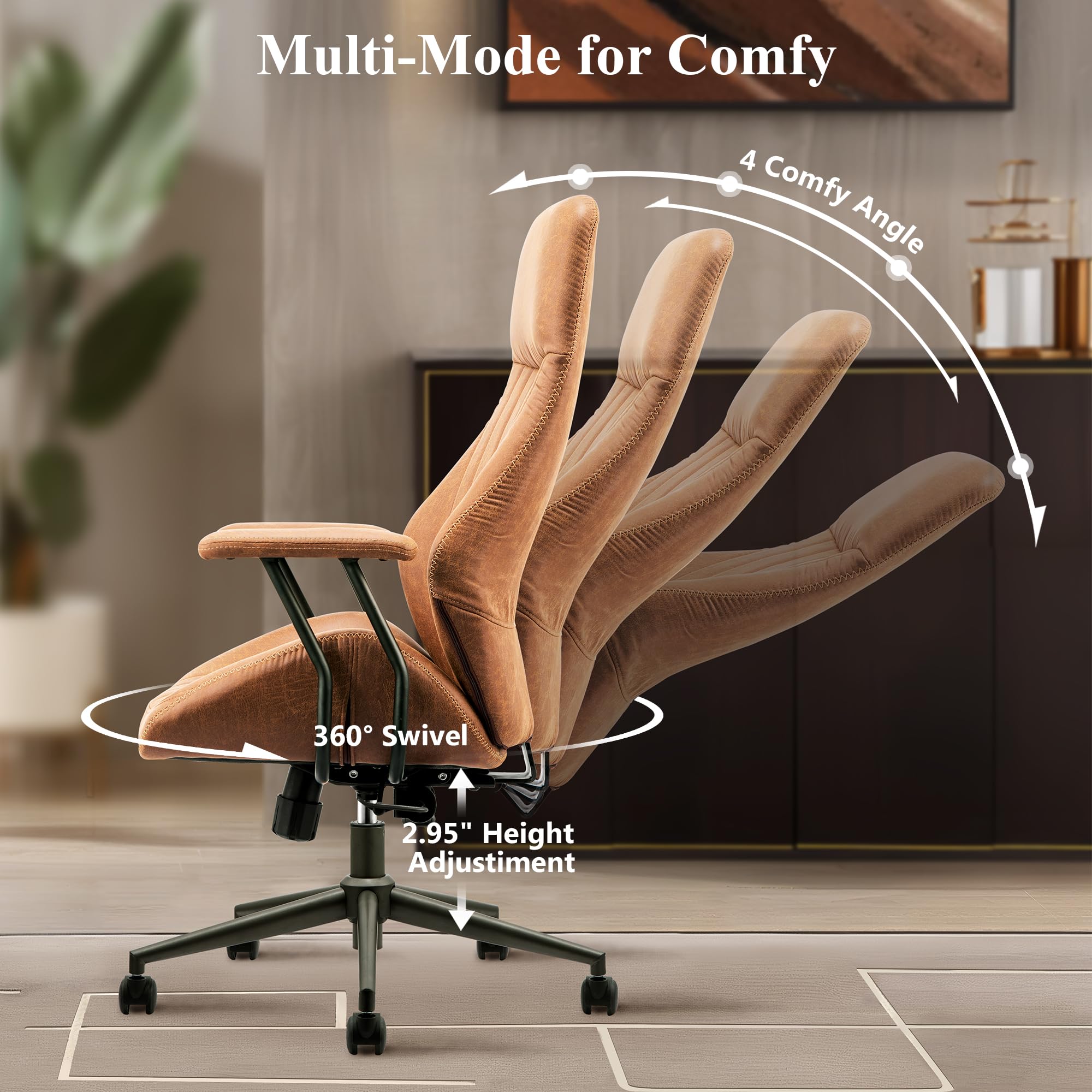 Mid Century Modern Office Chair - High Back Ergonomic Executive Chair with Lumbar Support, Swivel Computer Desk Task Chair with Wheels, Faux Leather Suede Fabric Home Office Chair (Brown) - Perfect for Home Office, Gaming & Workspace Comfort