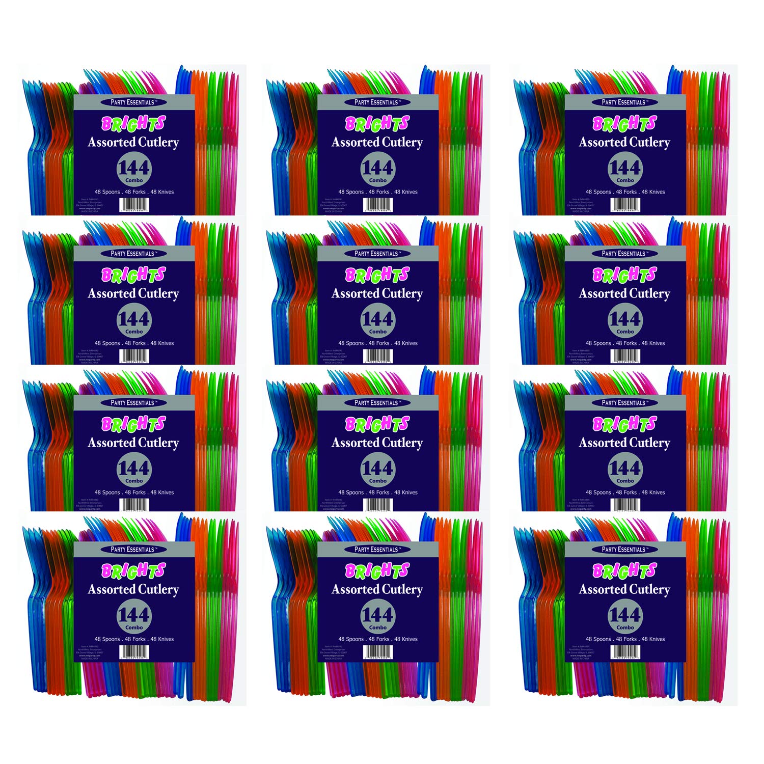 **Heavy Duty Plastic Cutlery Set - 576-Piece Party Utensils Combo Pack (Knives, Forks, Spoons) - Neon Colors - 12 Bags of 144 - Ideal for BBQs, Picnics, Birthdays & Large Gatherings**