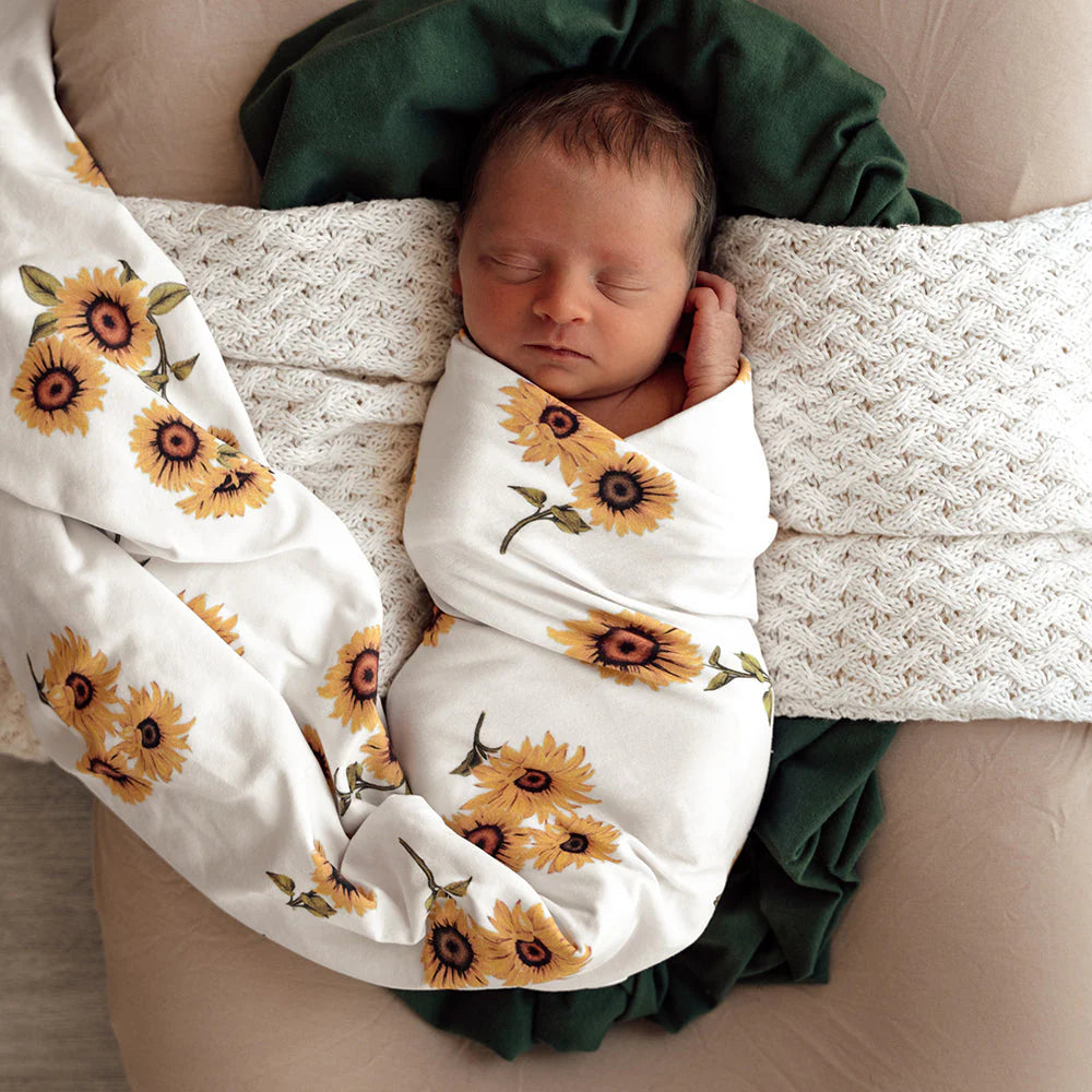 Snuggle Hunny Baby Jersey Wrap & Topknot Set - Soft Sunflower Print for Newborns & Infants - Perfect for Photo Shoots, Baby Showers & Nursery Decor