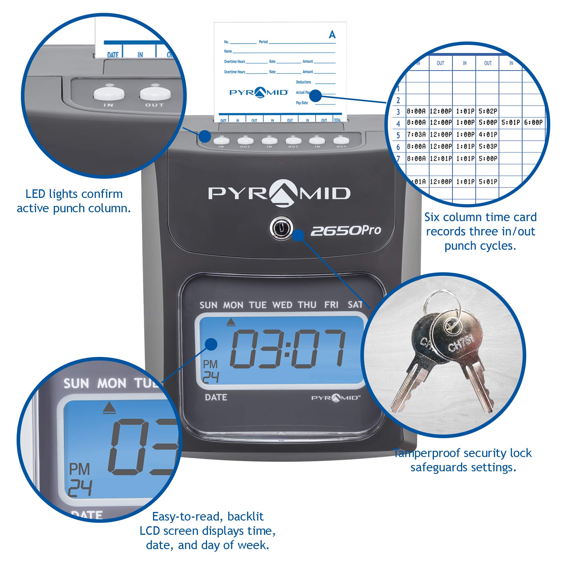 Pyramid 2650 Pro Auto Aligning Time Clock with 25 Time Cards, Ribbon & 2 Security Keys - Charcoal (5