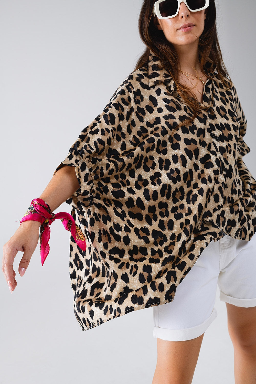 Oversized Leopard Print 3/4 Sleeve Shirt - Women's Fashion Blouse for Casual Wear, Office & Date Night