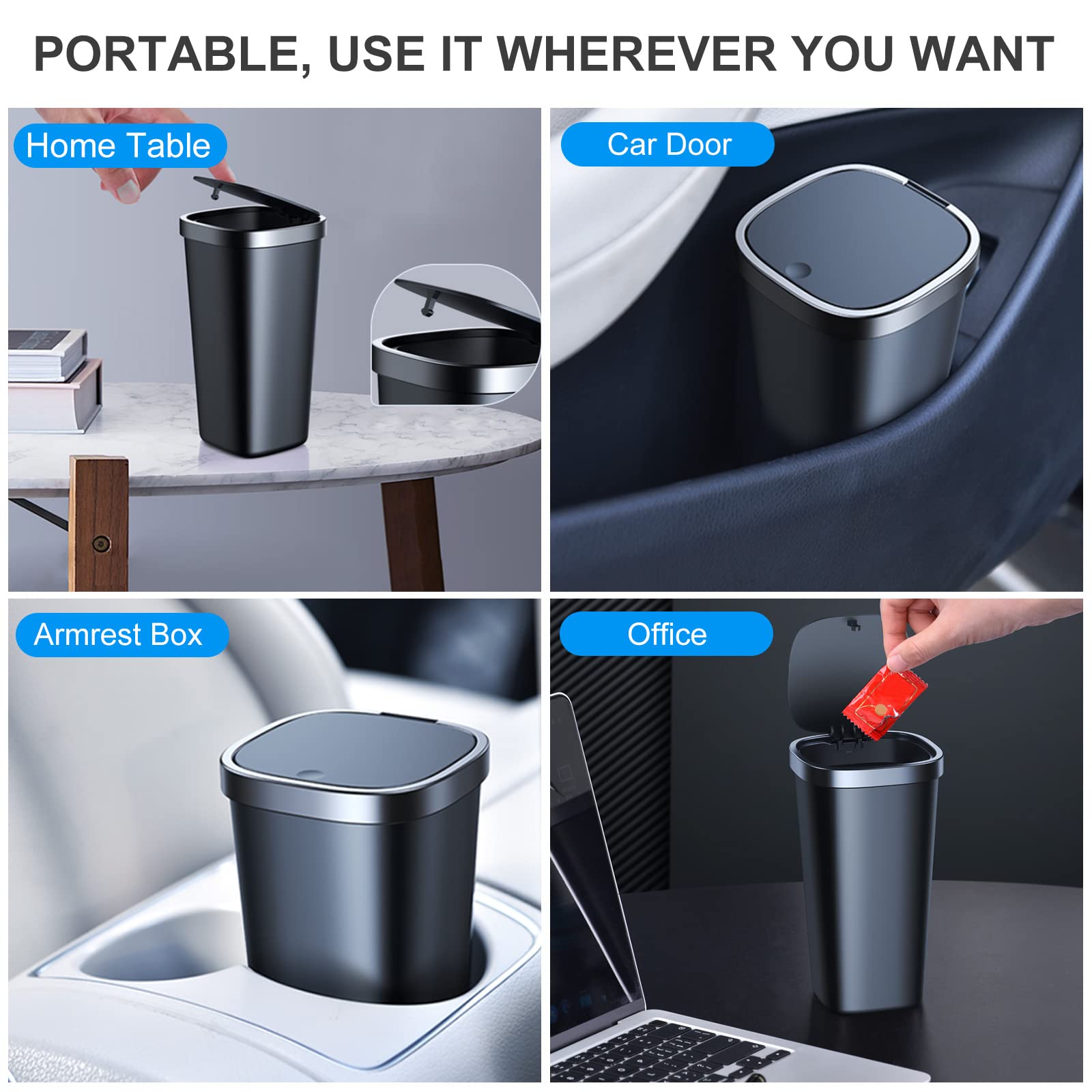 Mini Car Trash Can with Lid - Waterproof Small Garbage Bin for Car, Home, Office & Travel - Includes 3 Rolls Mini Trash Bags - Fits Cup Holders - Perfect for Snacks, Tissues & Small Waste (Square Black)