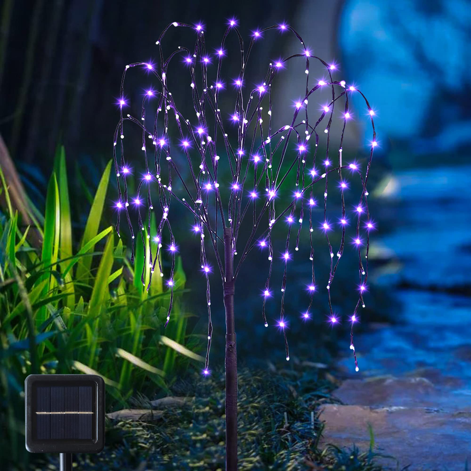 4.6FT Solar Powered Willow Tree with LED Lights - Waterproof Outdoor Artificial Plant for Garden, Yard & Patio Decor - Purple Color with Blinking Modes for Romantic Nights & Landscape Lighting
