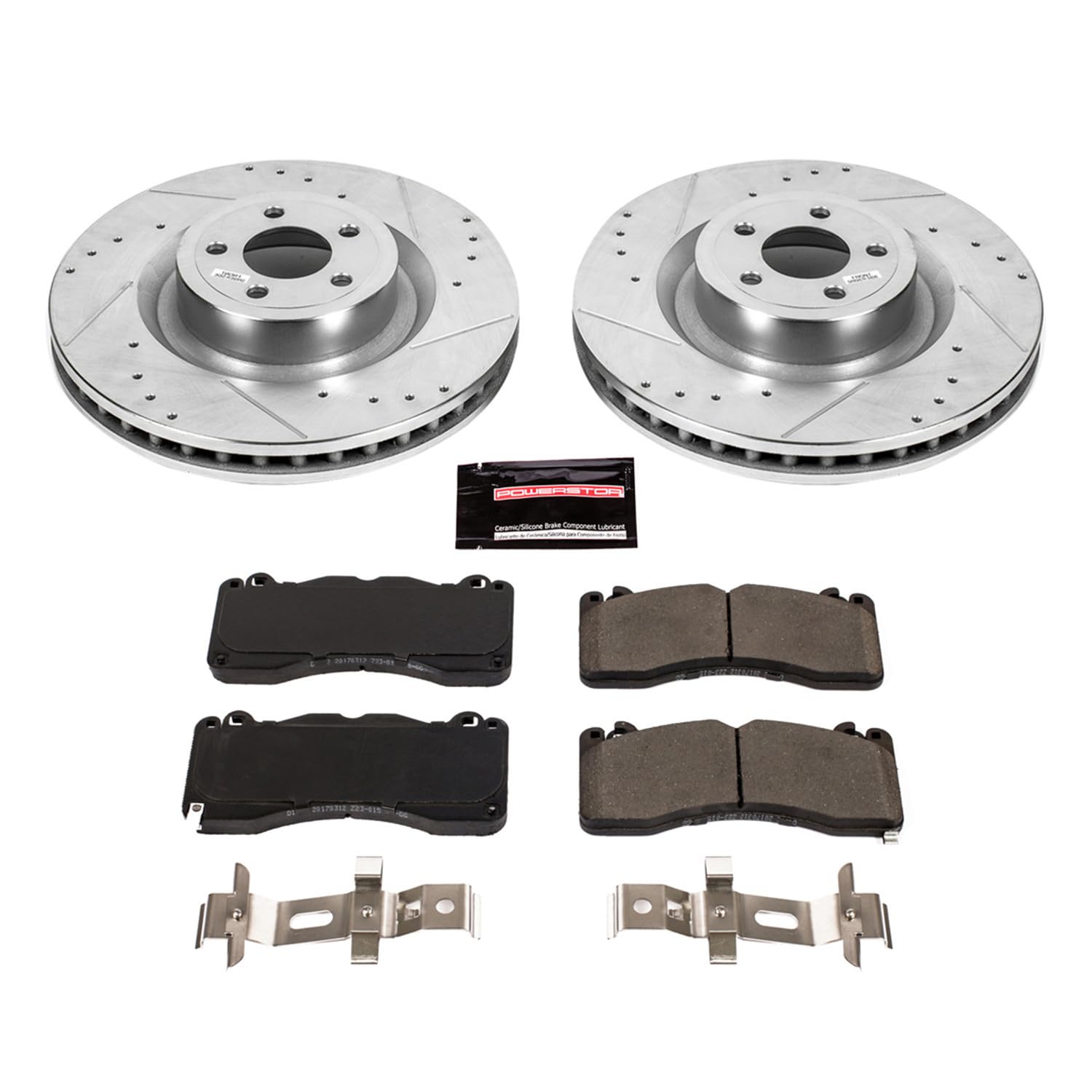 Power Stop K6811 Z23 Carbon Fiber Brake Pads & Drilled Slotted Rotors Kit - Compatible with Ford Mustang 2015-2022 | High-Performance Braking System for Street Racing & Daily Driving