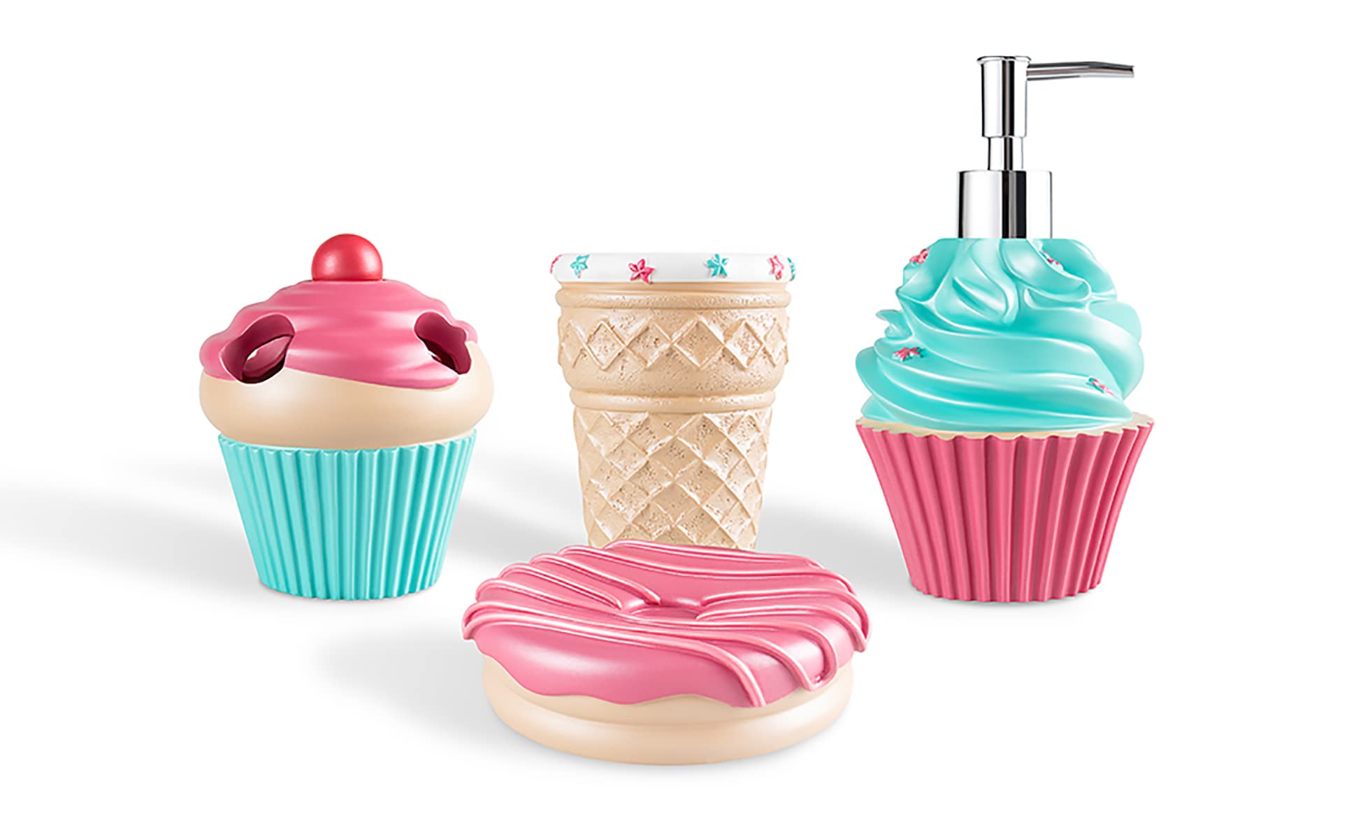 **Milkshake Bathroom Accessories Set for Kids - Lotion Dispenser, Egg Tube Cup, Donut Soap Dish, Cake Toothbrush Holder - Pink Bath Decor for Kids' Room & Nursery**