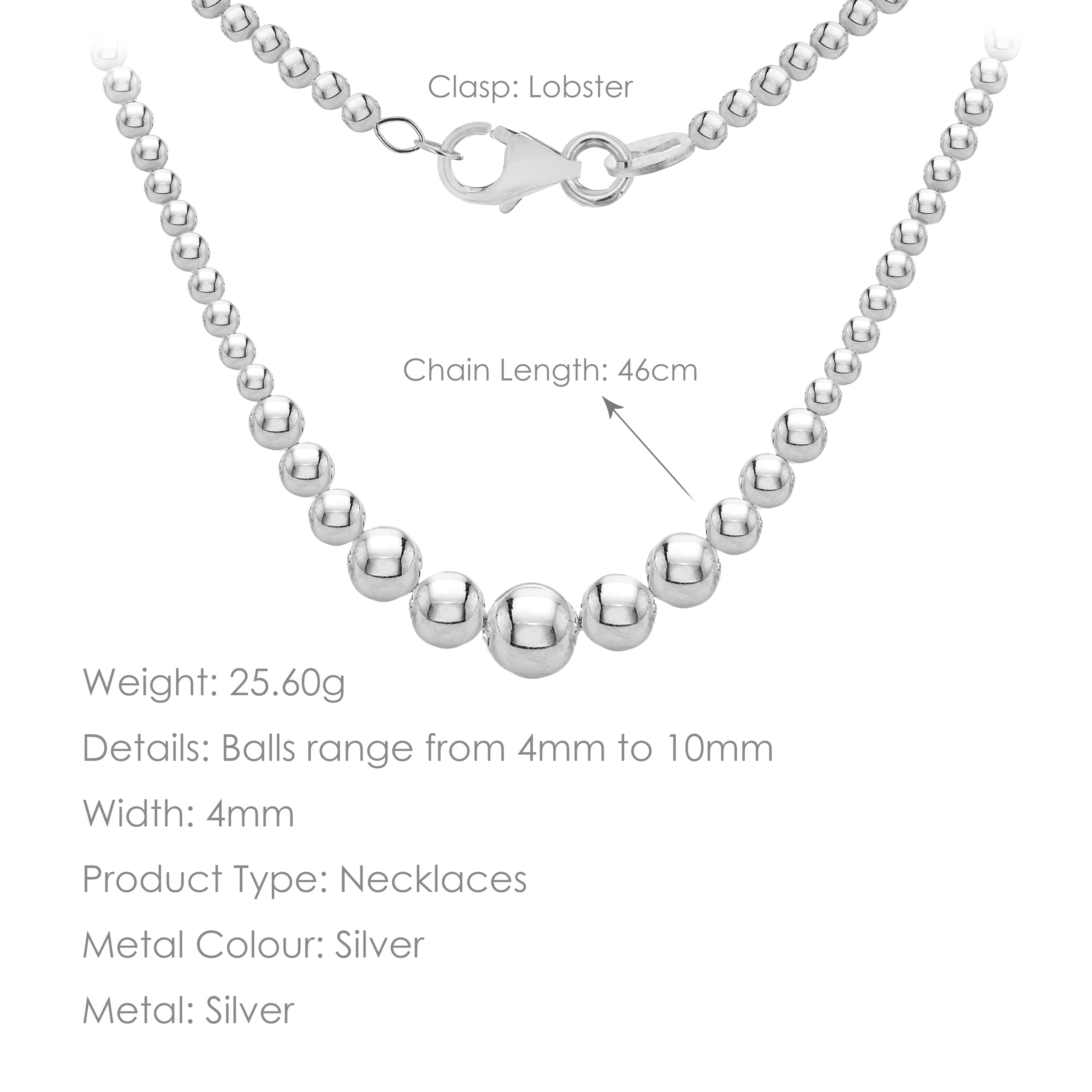 Tuscany Sterling Silver Graduated Beads Necklace for Women - 18 Inch (46cm) Elegant Layered Chain Jewelry for Parties, Weddings & Everyday Wear