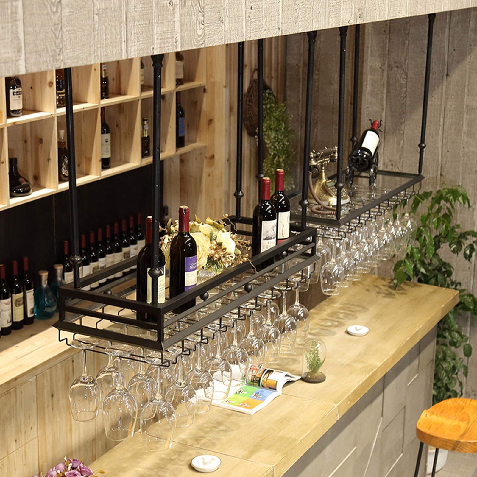 Modern Wall Mounted Wine Glass Rack Shelf - Space Saving Under Cabinet Stemware Holder for Wine Bottles & Cups - Perfect for Restaurants, Cafes, Kitchens & Home Bars (Black)