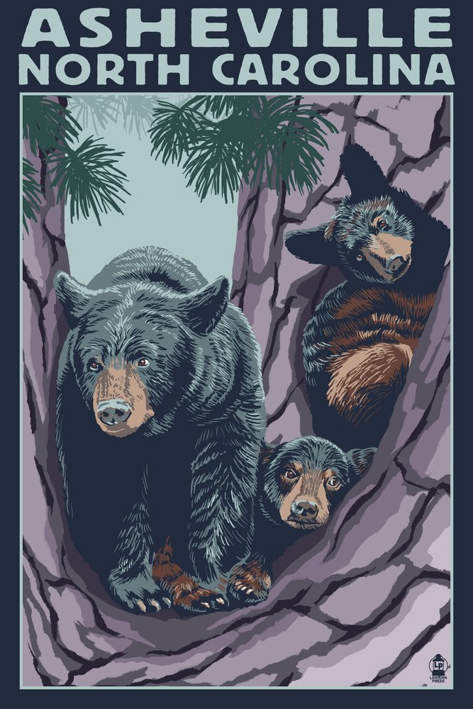 12x18 Bear Family in Tree Wall Art Poster - Asheville North Carolina Wildlife Decor for Living Room, Nursery & Office